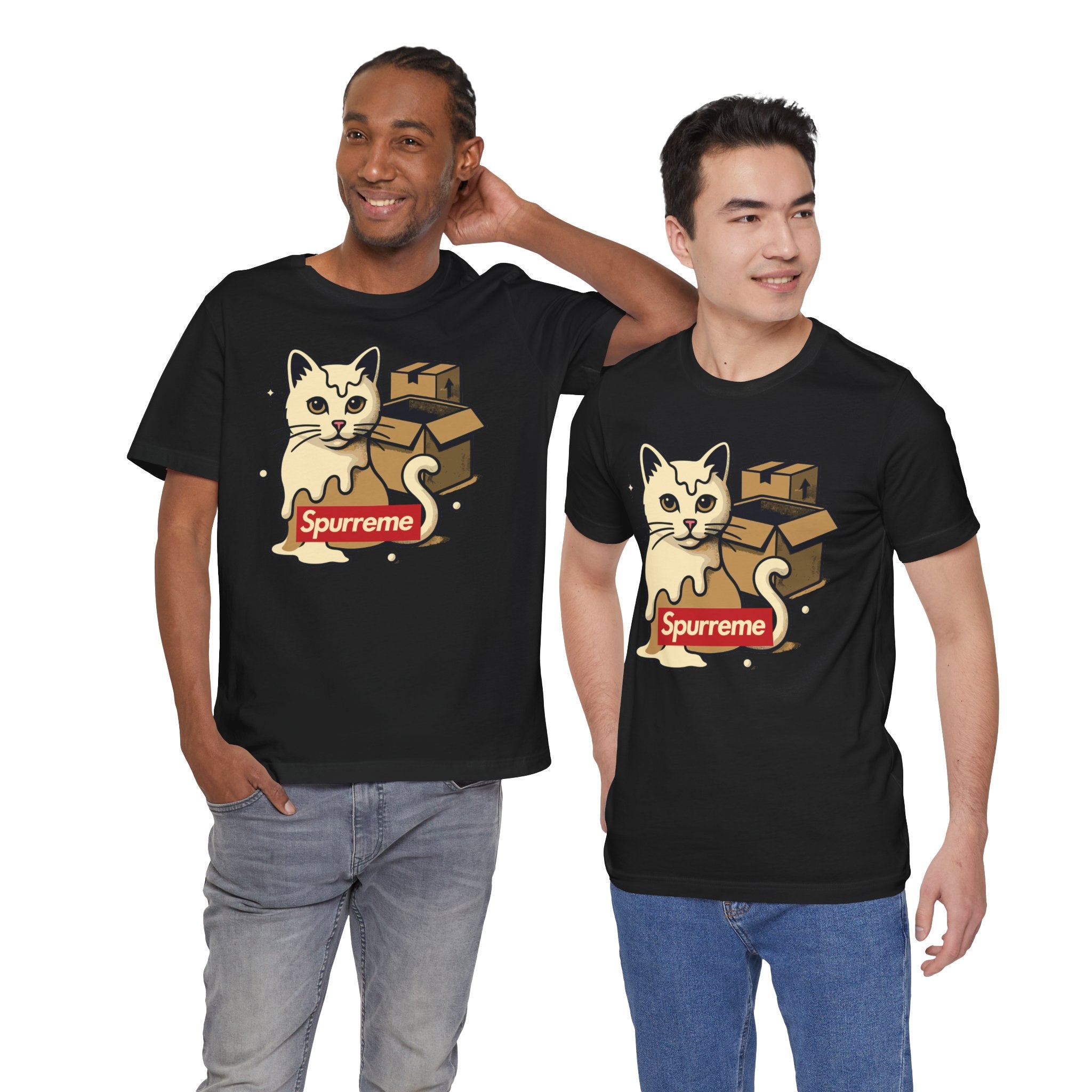 Black t shirts on male and female models men’s cat shirt