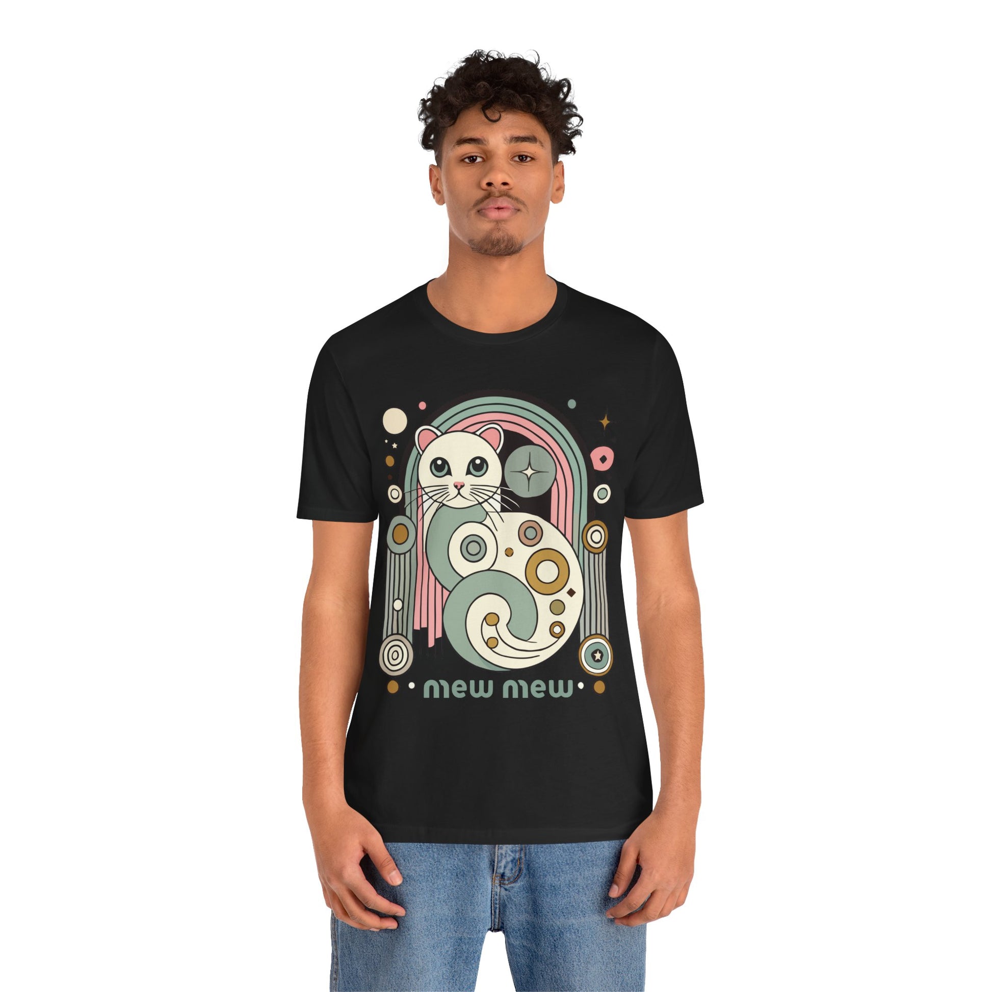 Male model wearing – Black Mew Mew Cosmic Graphic Retro Cat T-Shirt – unusual gifts for cat lovers