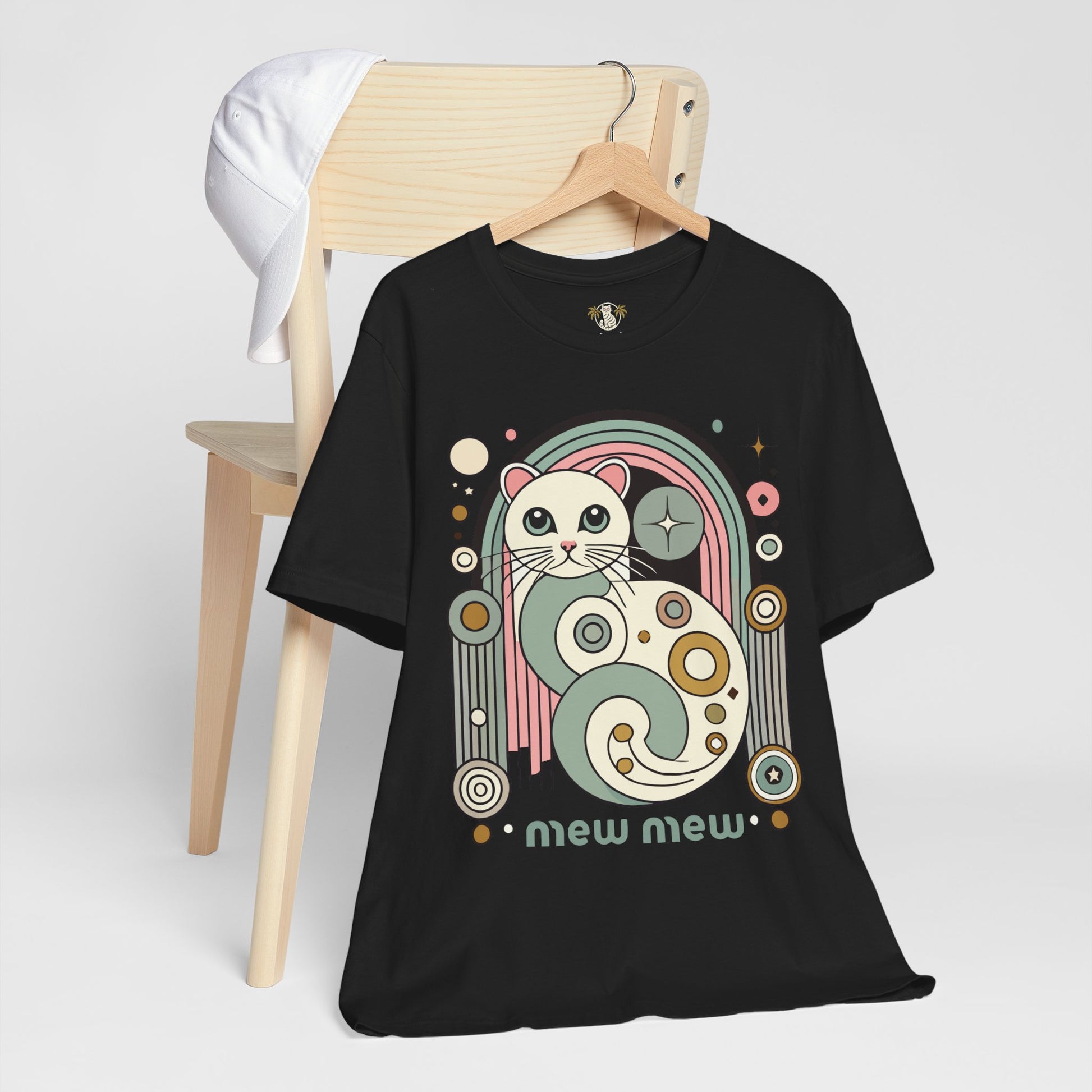 Displayed on chair – Black Mew Mew Cosmic Graphic Retro Cat T-Shirt – men's cat shirt