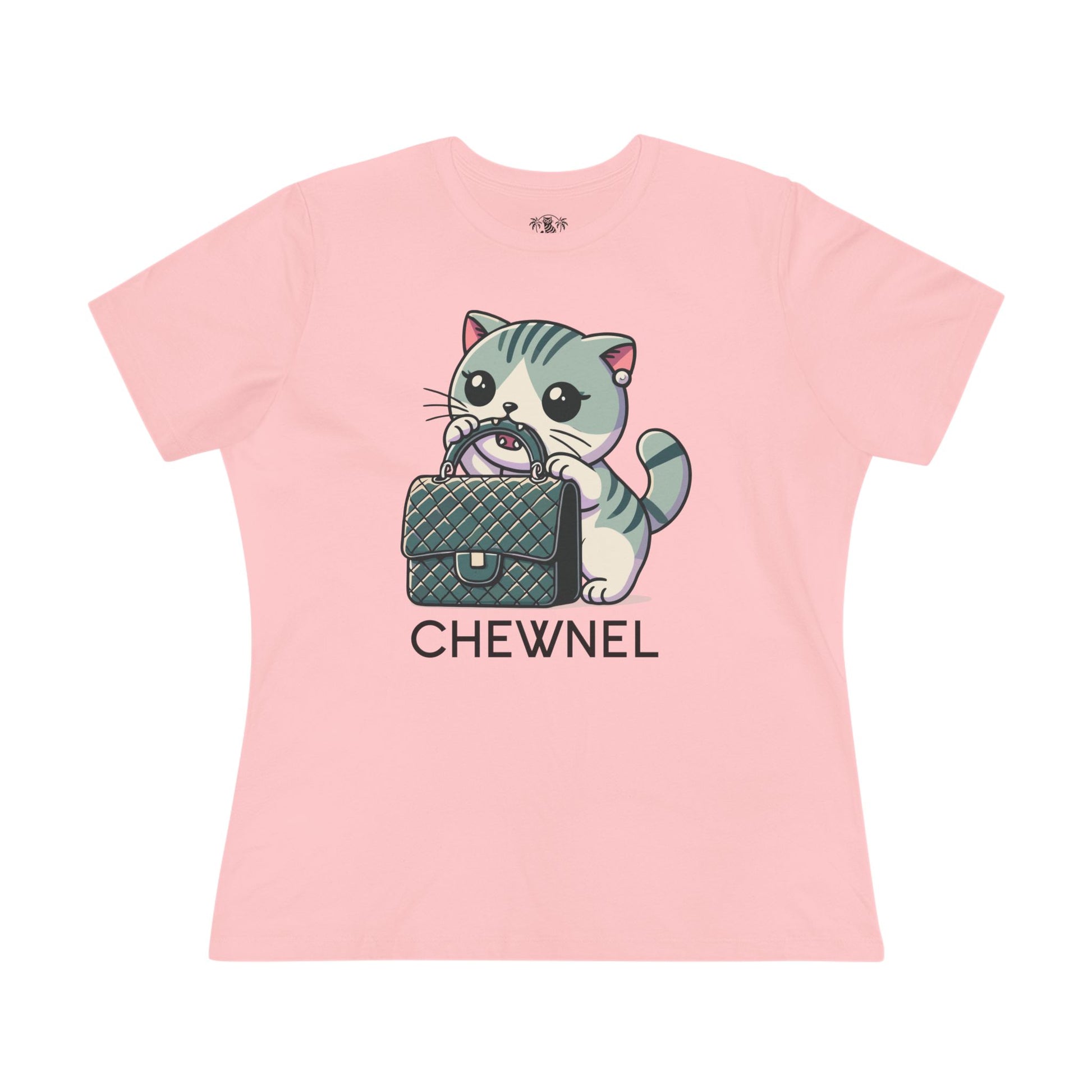 Pink Chewnel Purse Snatcher Cat Graphic Women’s T-Shirt ladies front view cute cat shirts for women