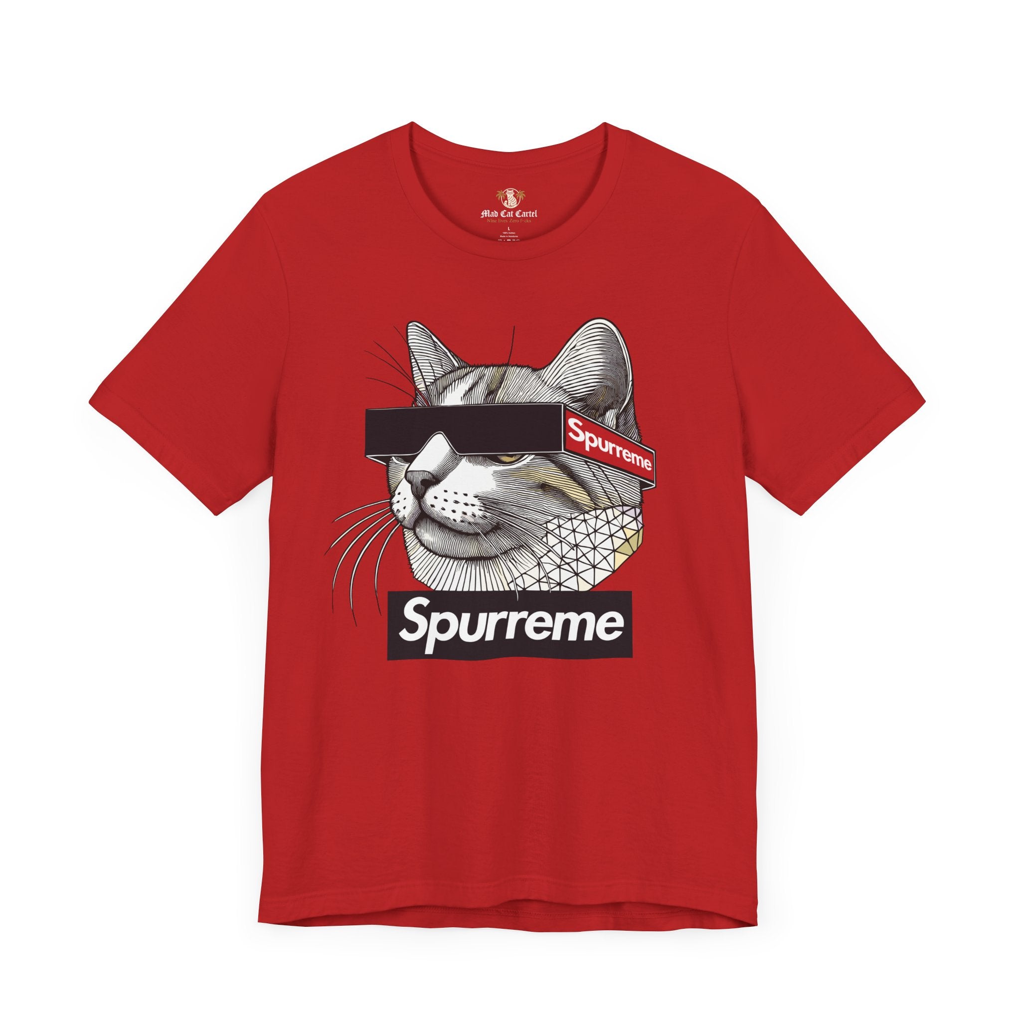 Spurreme Triangular Vision Cat Graphic T Shirt in Red front view, cat mens t shirt