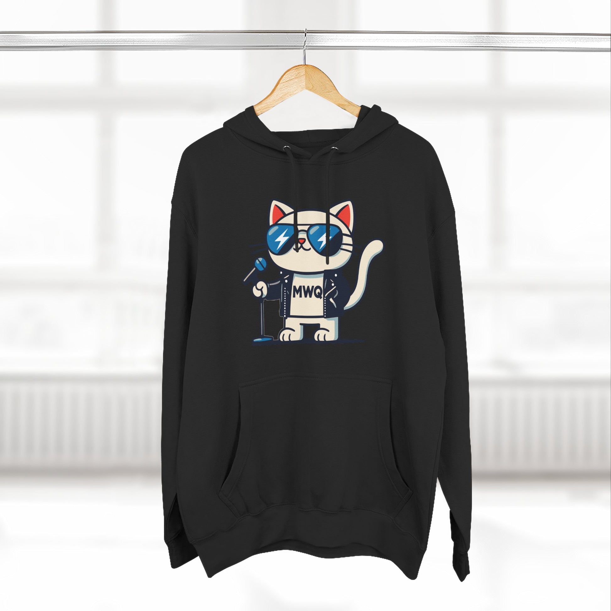 Alexander MewQueen rockstar cat hoodie on hanger, casual cat clothes for humans