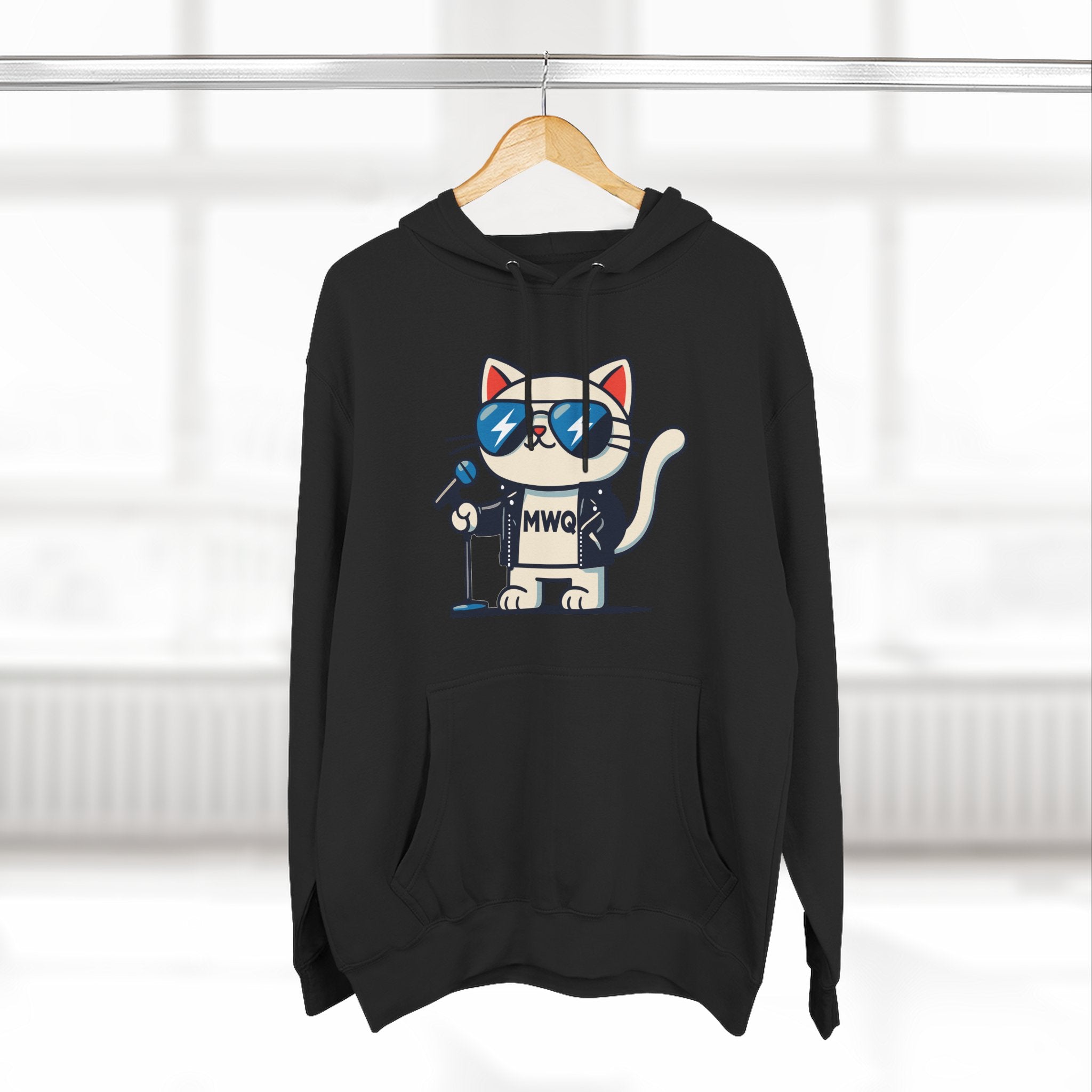 Alexander MewQueen rockstar cat hoodie on hanger, casual cat clothes for humans