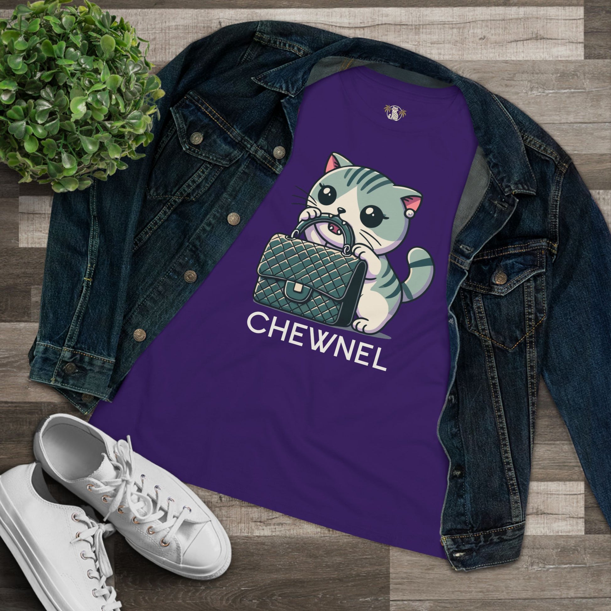 Team purple front view cat lady tee with denim jacket studio image flat lay cat shirts for women