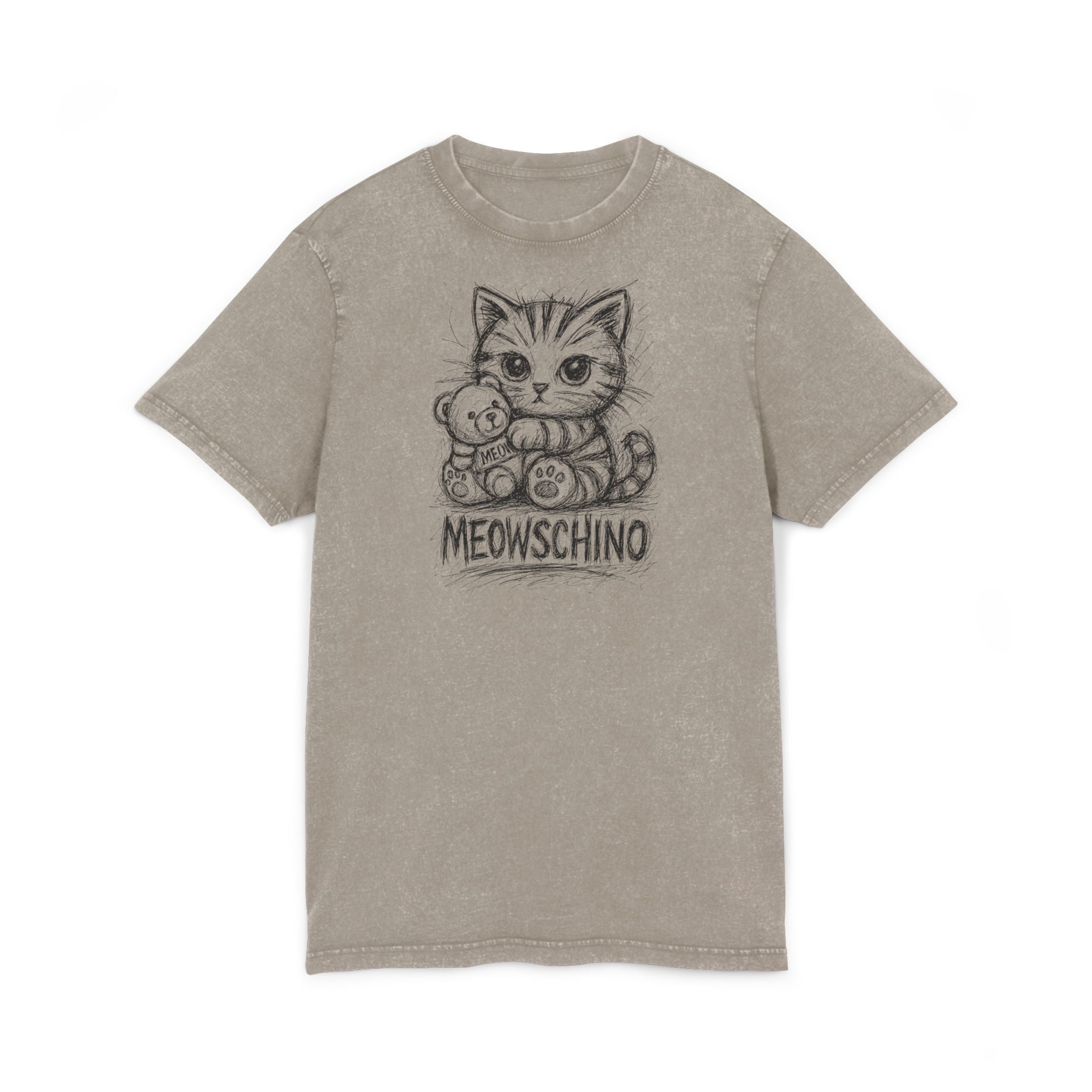 Meowschino Sketch Teddy Cat Acid Washed Graphic T Shirt, funny cat gifts for cat lovers front view dark khaki