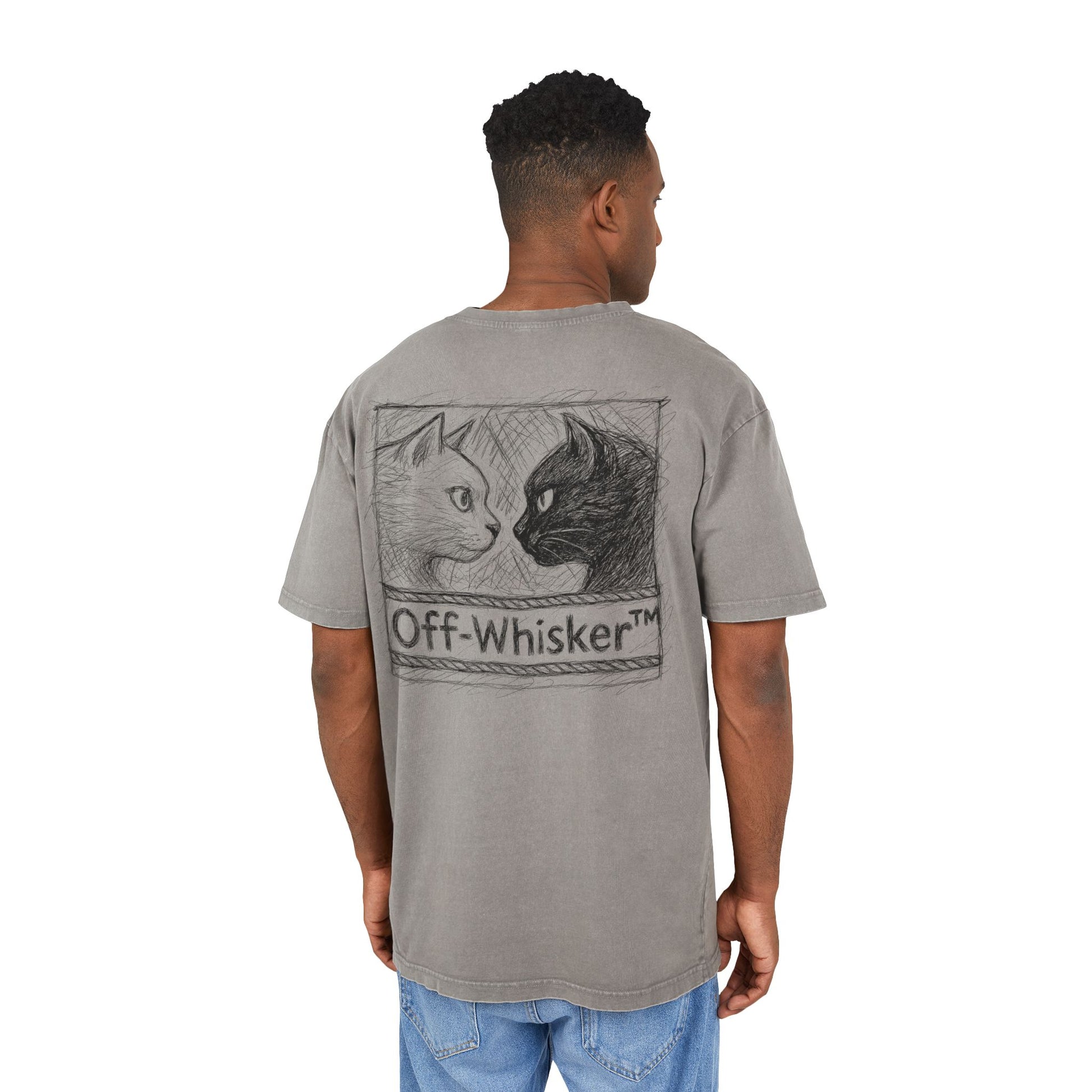 Back view male model wearing Off-Whisker Cat Knockout Acid Washed Oversized T-Shirt Gray, tee for cat lovers