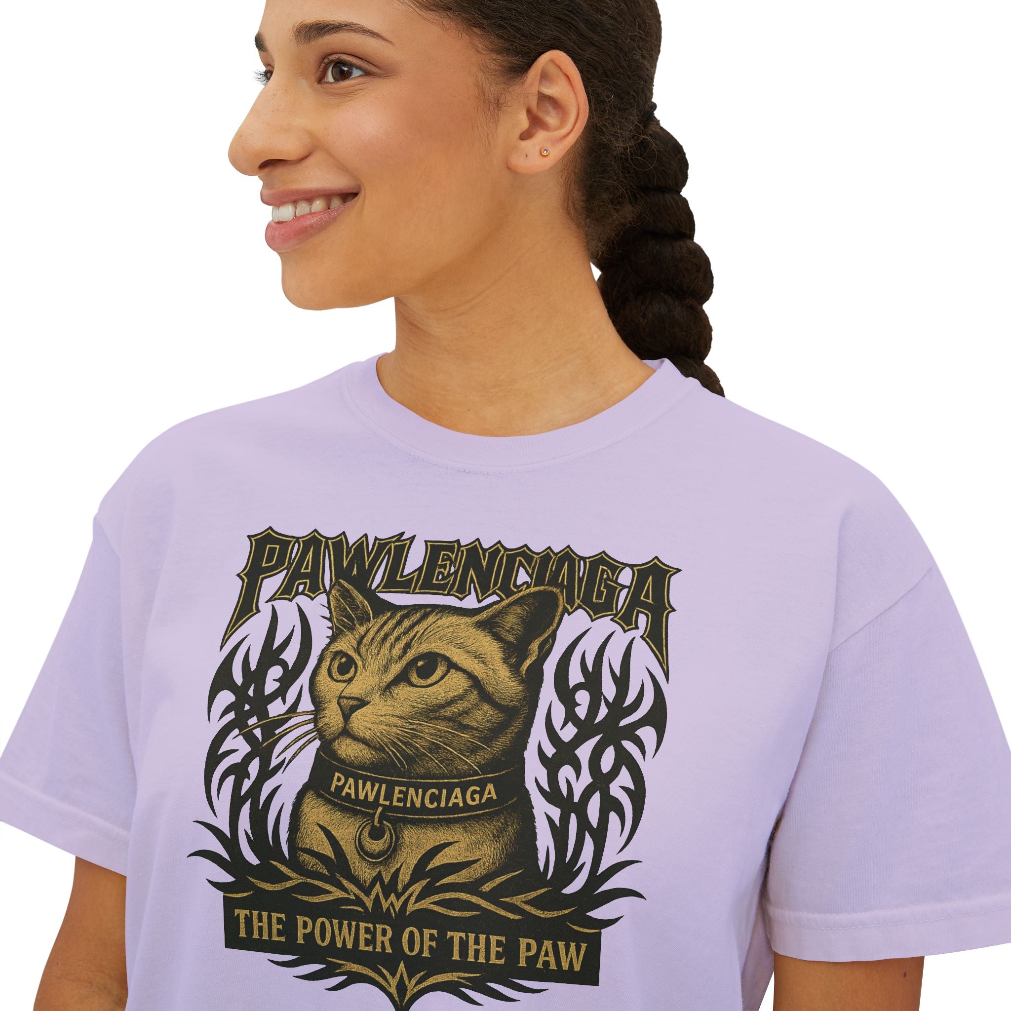 Pawlenciaga orchid pink womens boxy tee, model side close-up wearing cat graphic shirt