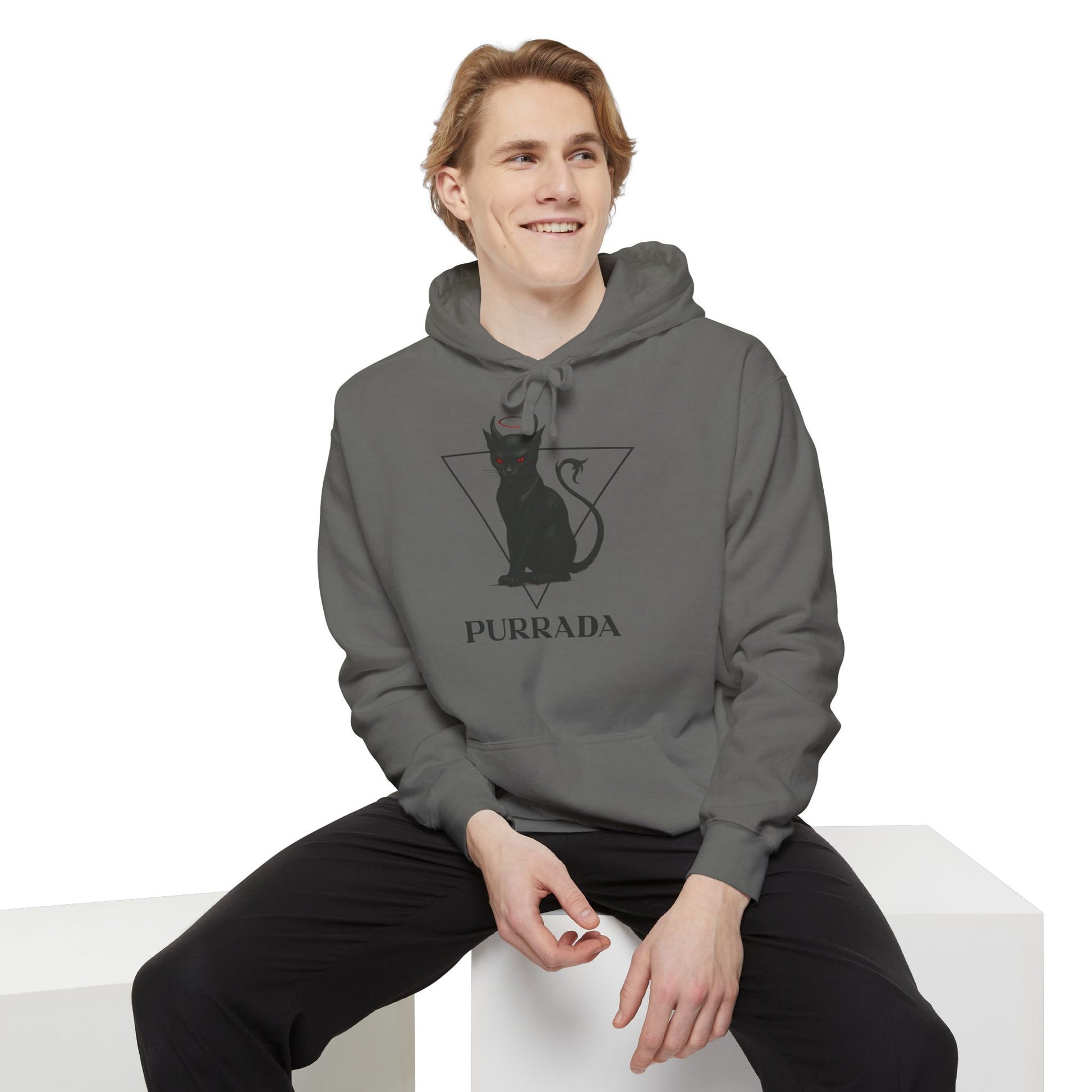 Man sitting in Purrada Grey Cat Hoodie, gifts for cat lovers