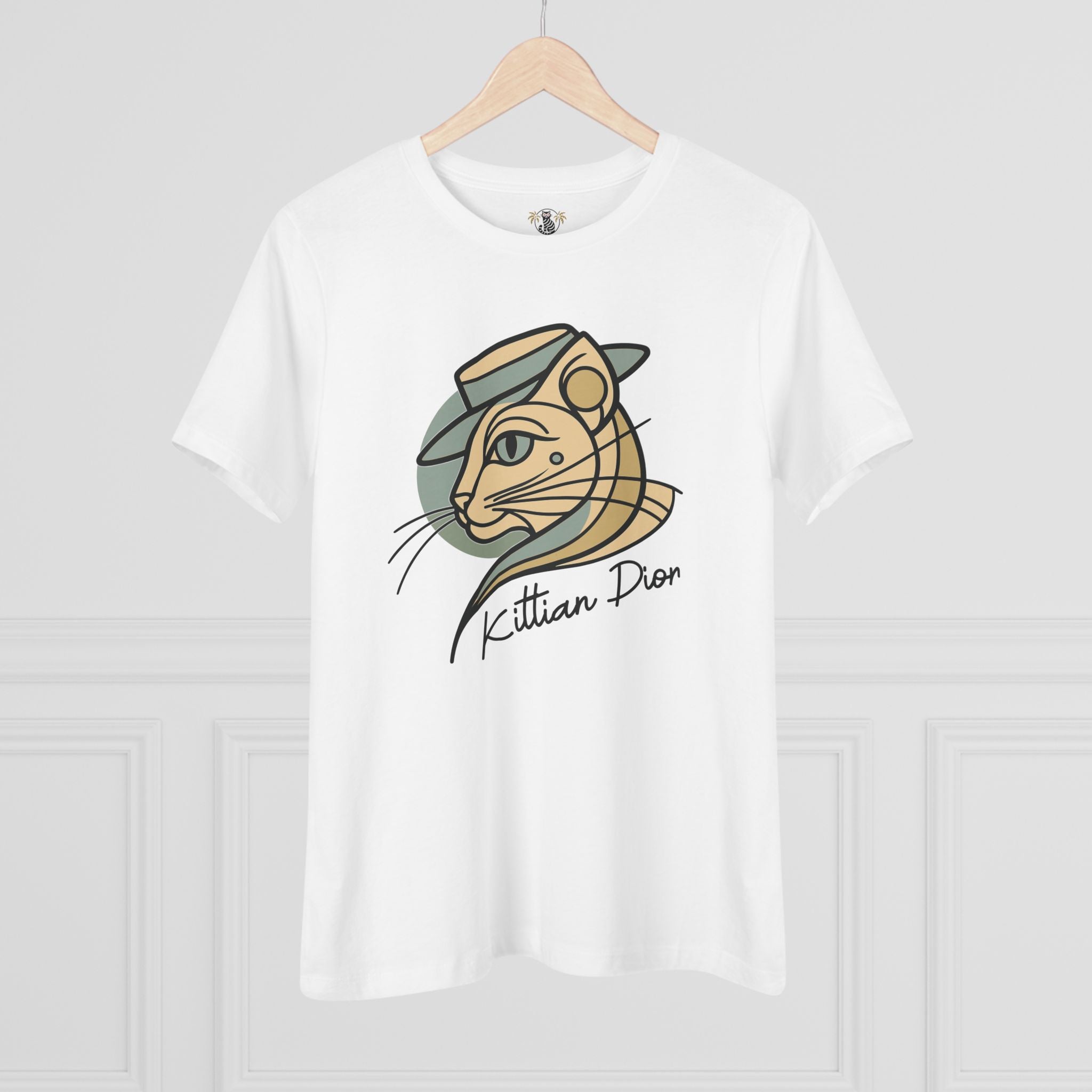 Kittian Dior Art Deco Hat Cat White T-Shirt hanging front view for cat lovers