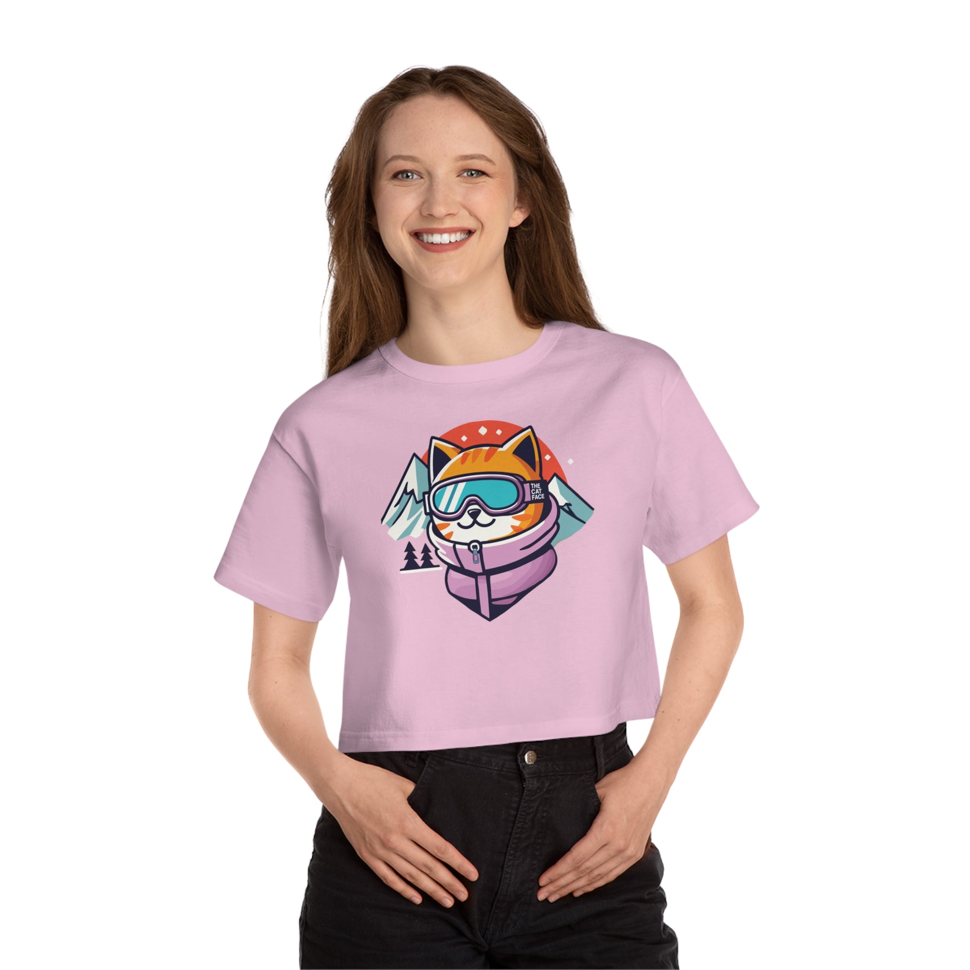 pink candy crop top back view, ladies casual tee, cat graphic style