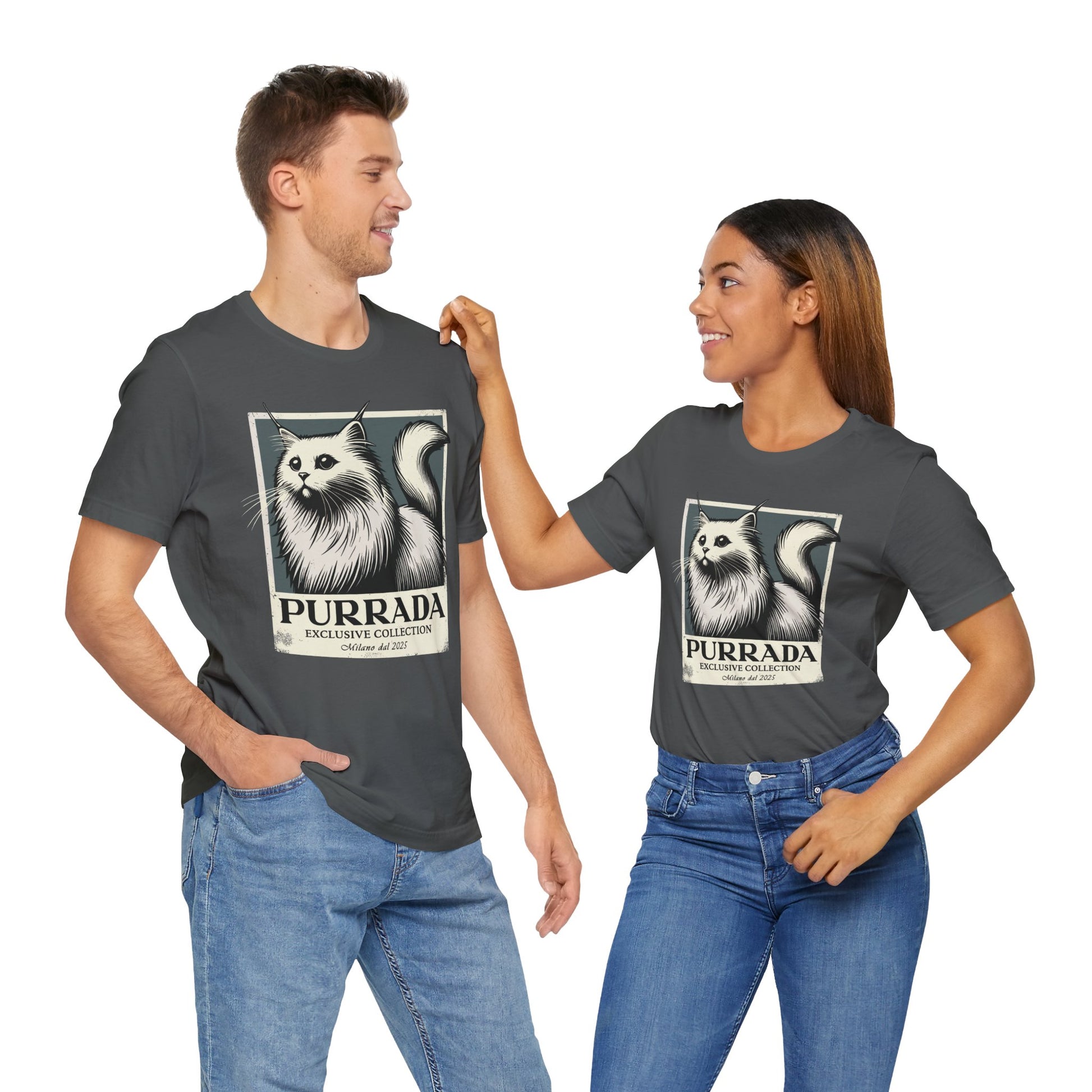 Male and female models wearing asphalt Purrada Exclusive Milano Cat Graphic T Shirts, parody shirts