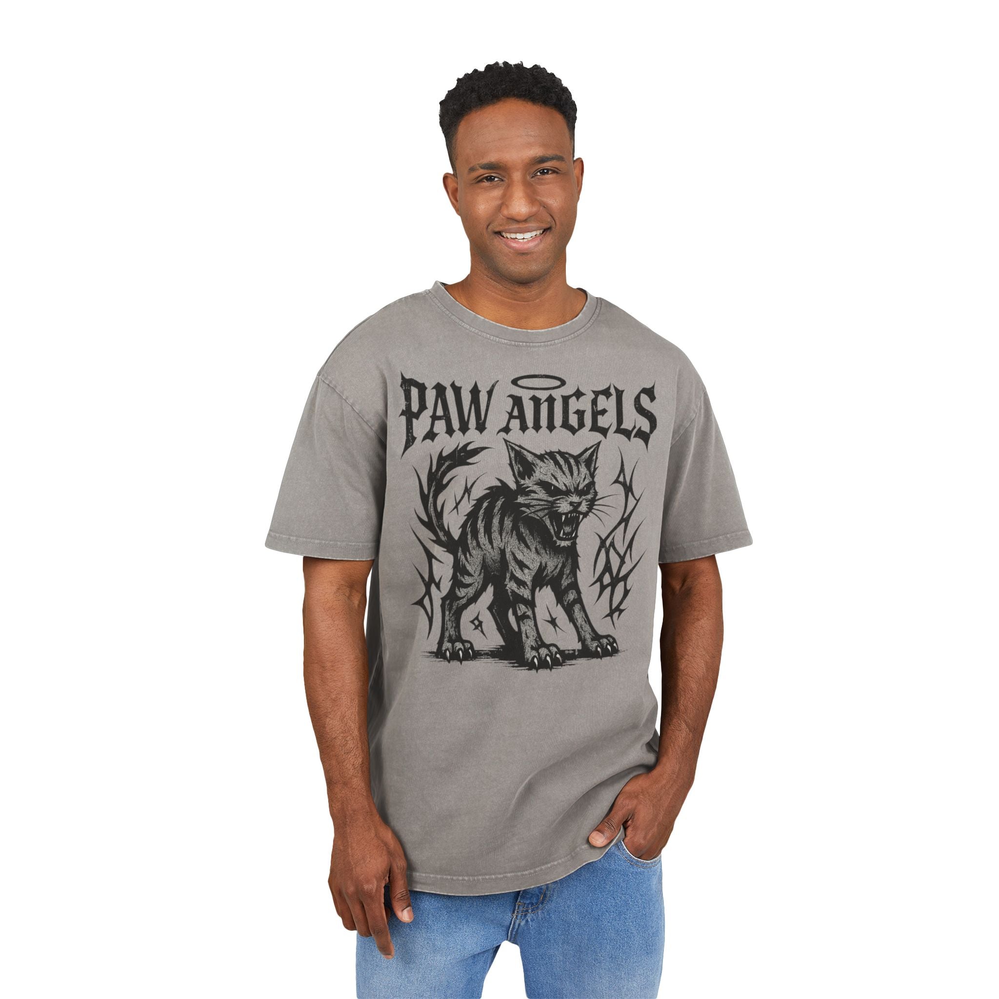 Male model wearing Paw Angels Hellcat acid washed asphalt gray men's oversized cat t-shirt – mens cat tee