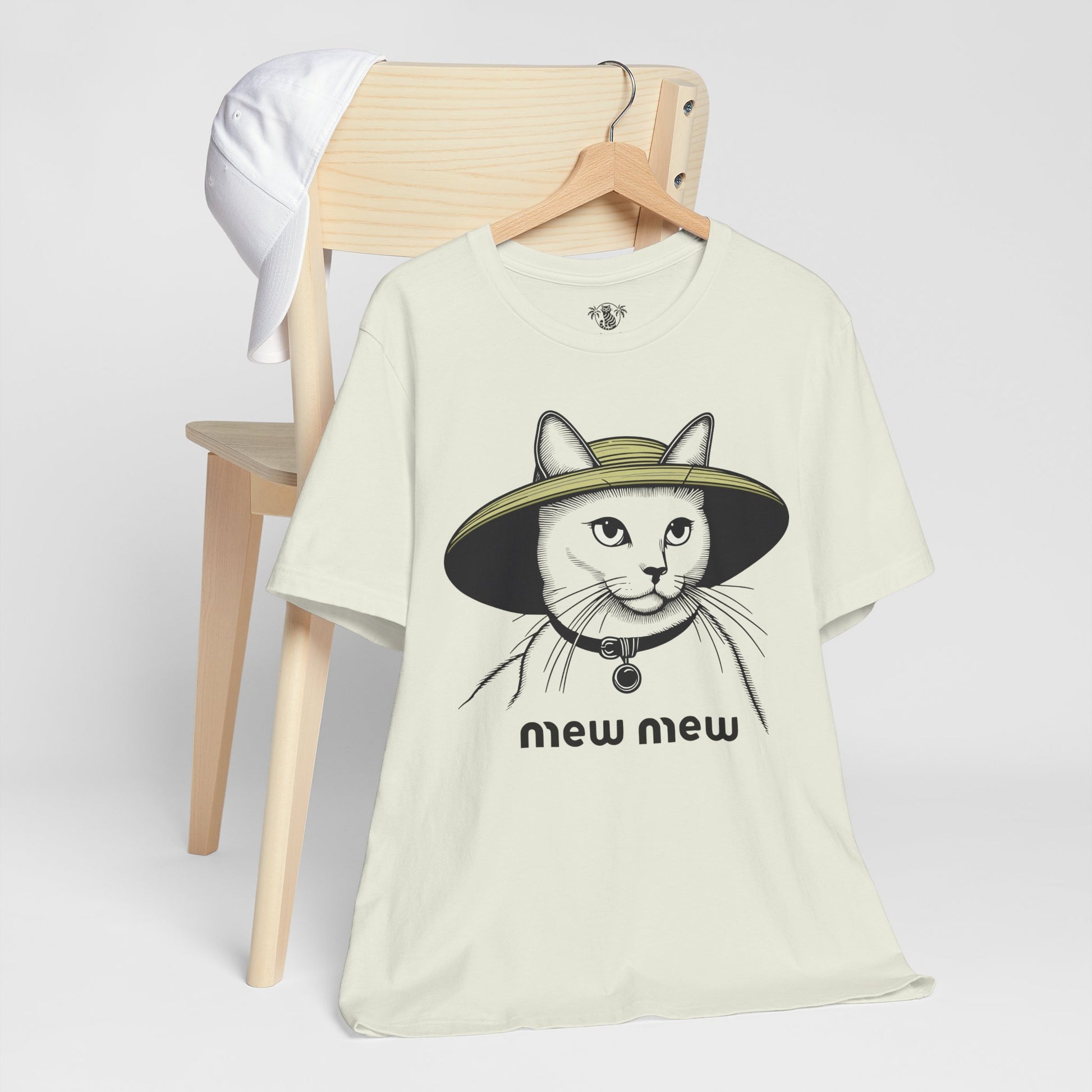 Cat shirts for guys – citron unisex tee on hanger, front view, Mew Mew cat in wide-brim hat graphic