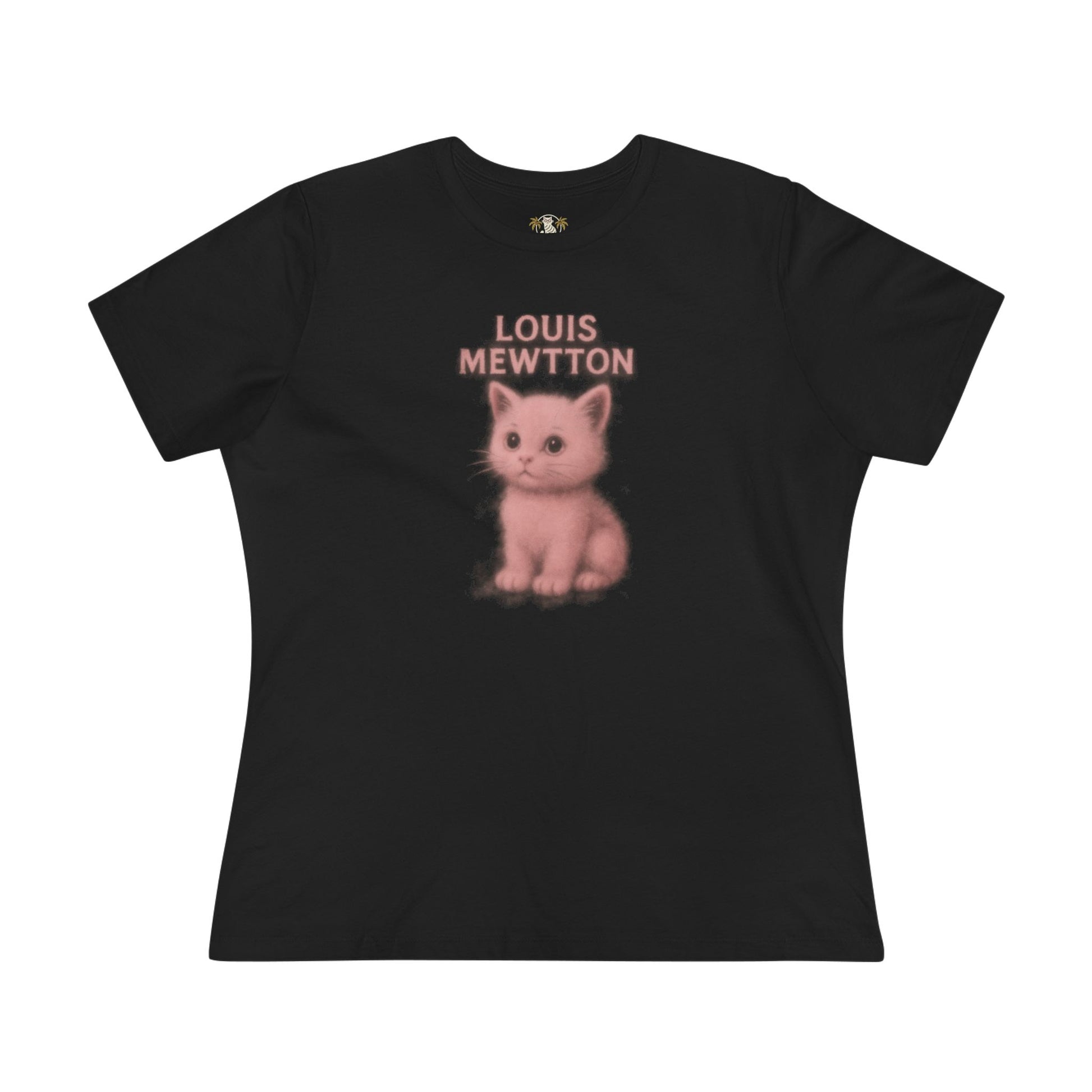 Louis Mewtton Pink Aura Kitty black women’s t-shirt, airbrush cat on a shirt, unique gifts for cat lovers