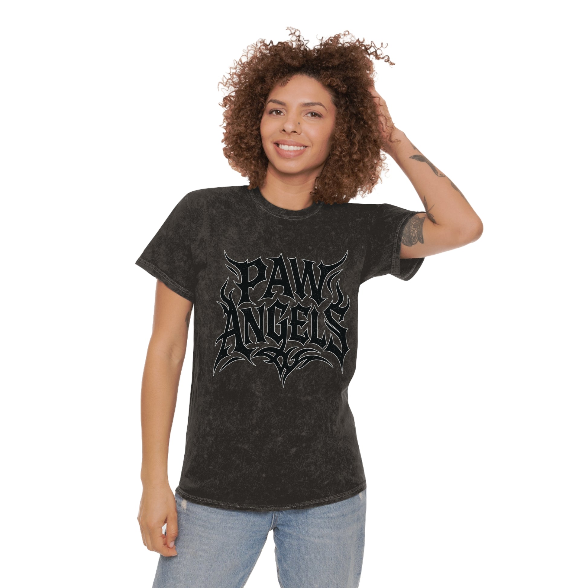 Paw Angels Tribal Logo Mineral Wash T-Shirt on female model, unisex black graphic tee