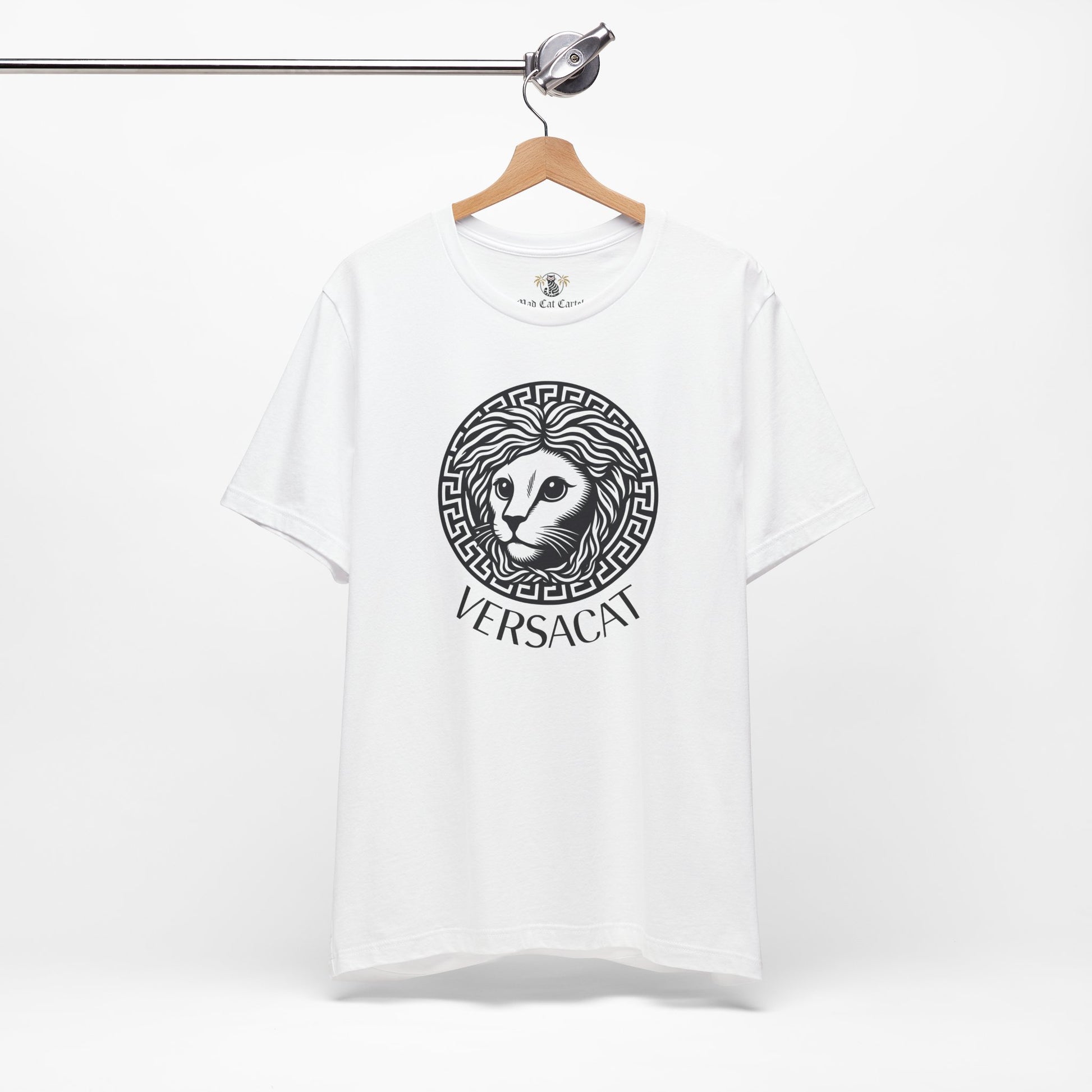 White Versacat Medusa cat emblem graphic t-shirt on wooden hanger – unisex style