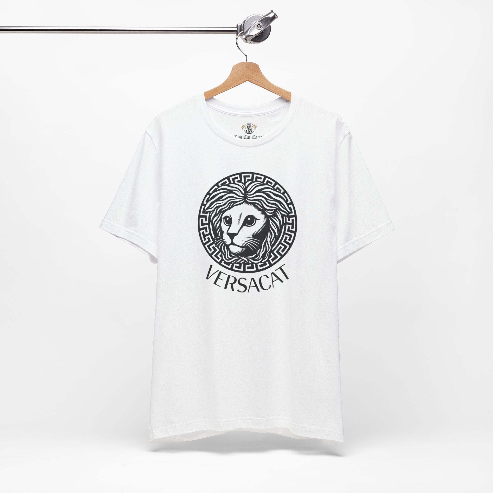 White Versacat Medusa cat emblem graphic t-shirt on wooden hanger – unisex style