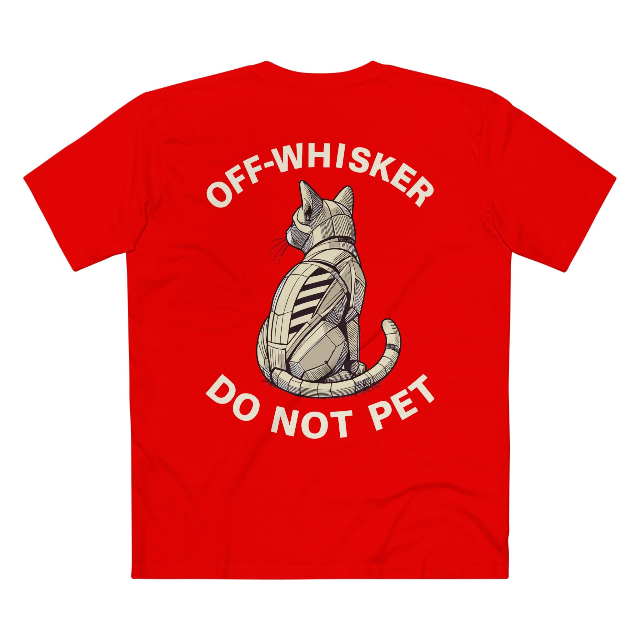 Back view of red Off-Whisker Gen-01 Mech Cat t-shirt – unique gifts for cat lovers