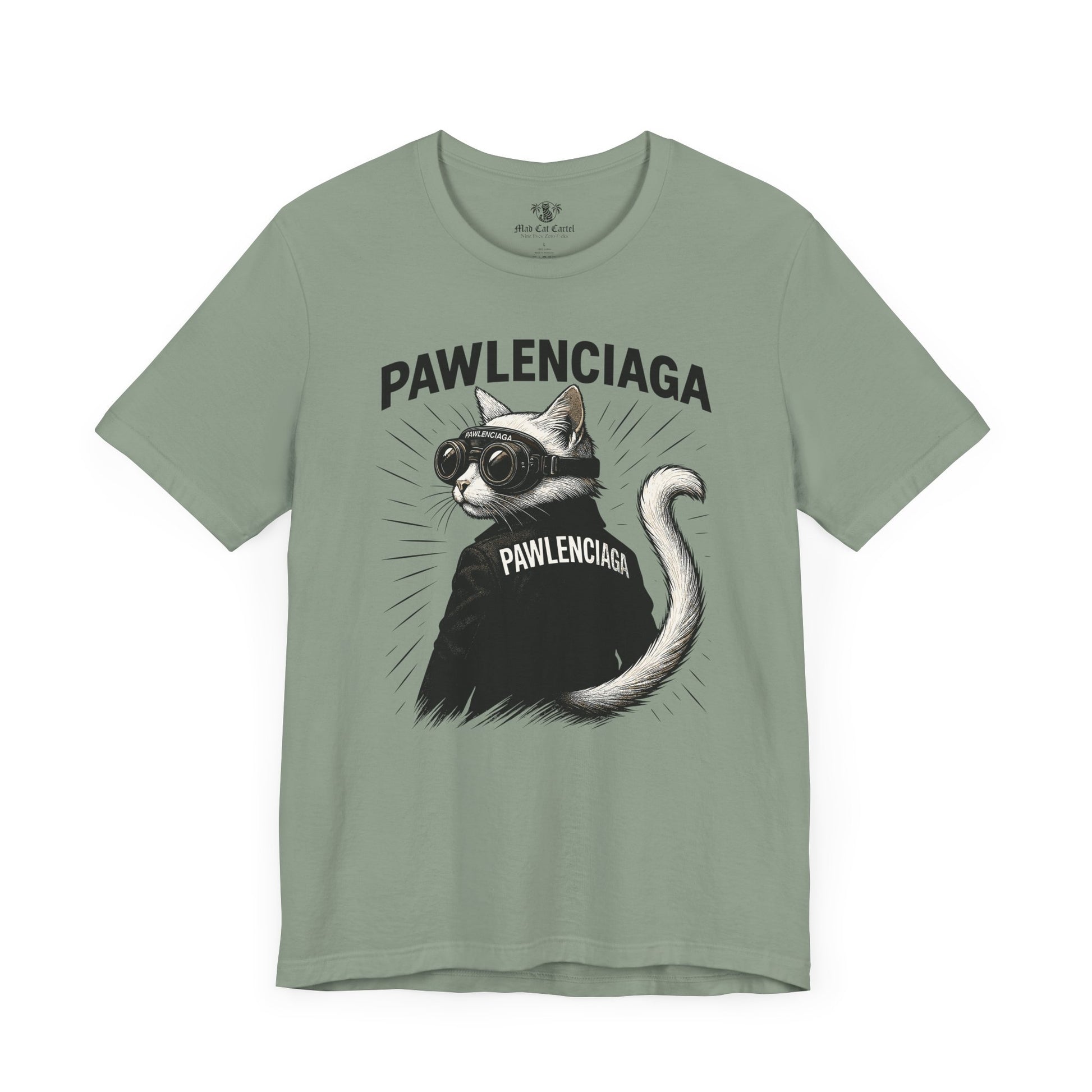 Pawlenciaga Cat With Goggles Back Pose Graphic T-Shirt, sage green, graphic tees cats, front view