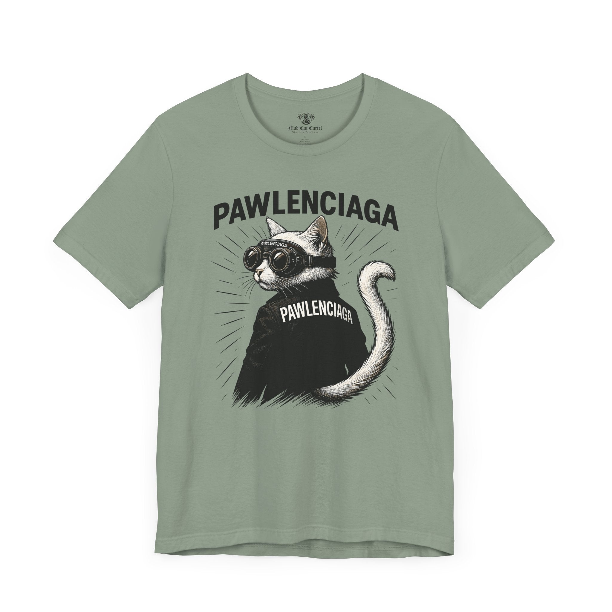 Pawlenciaga Cat With Goggles Back Pose Graphic T-Shirt, sage green, graphic tees cats, front view