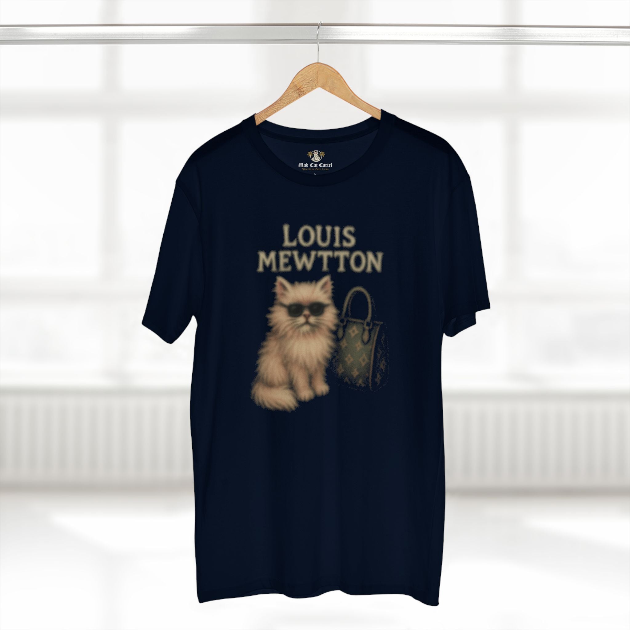 Louis Mewtton Cat Print T Shirt in Navy hanging front view