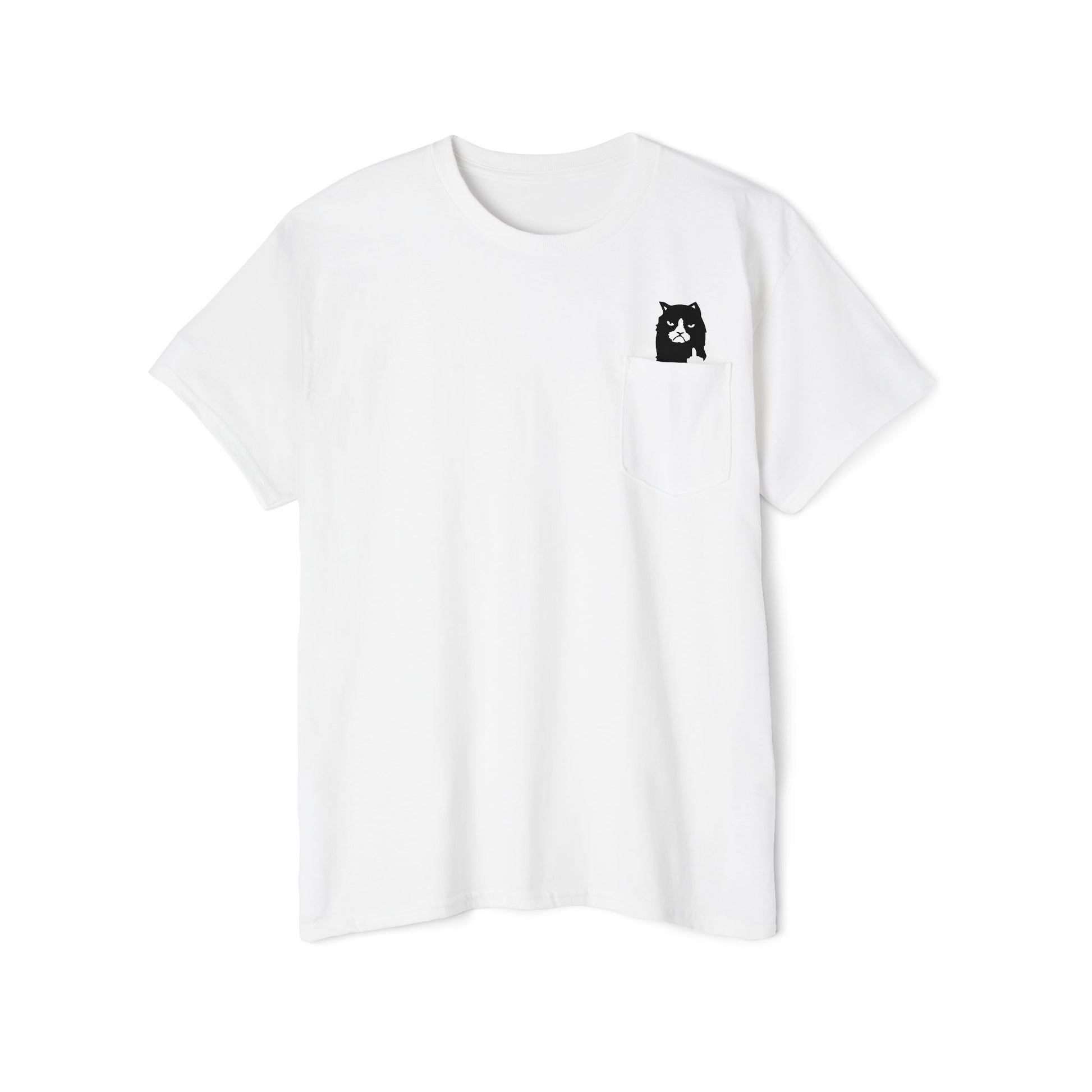 White A Bathing Cat Mini Logo Pocket Graphic T-Shirt flat front view cat lover shirt