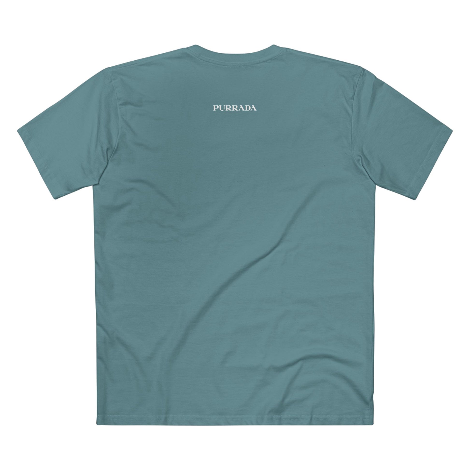 Back view of slate blue Purrada Cosmic Gaze Cat Graphic T Shirt, space cat shirt unisex