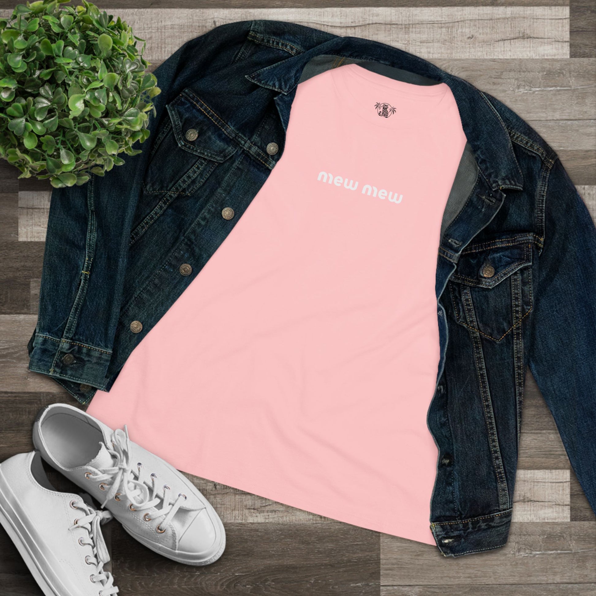 Pink t shirt flat lay with jacket cat ladies t shirt