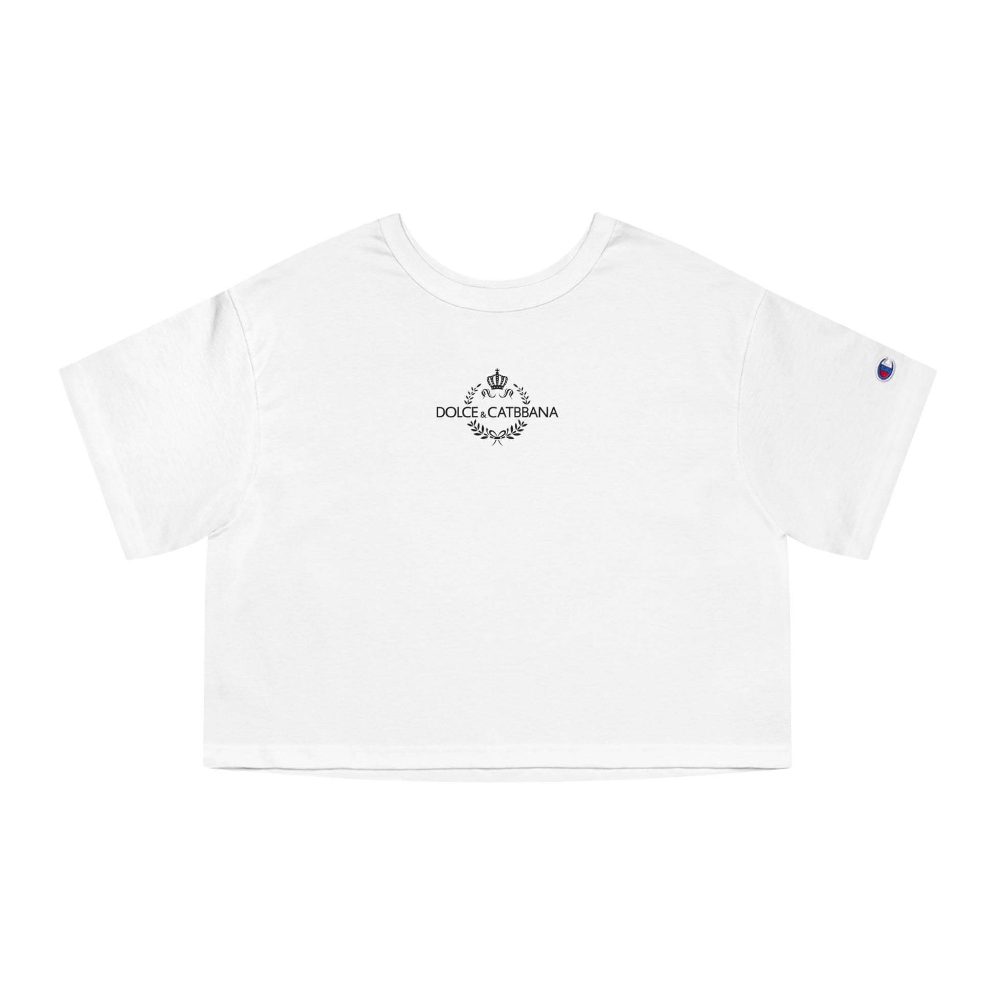 White cropped Dolce & Catbbana x Champion women’s t shirt chest logo front view