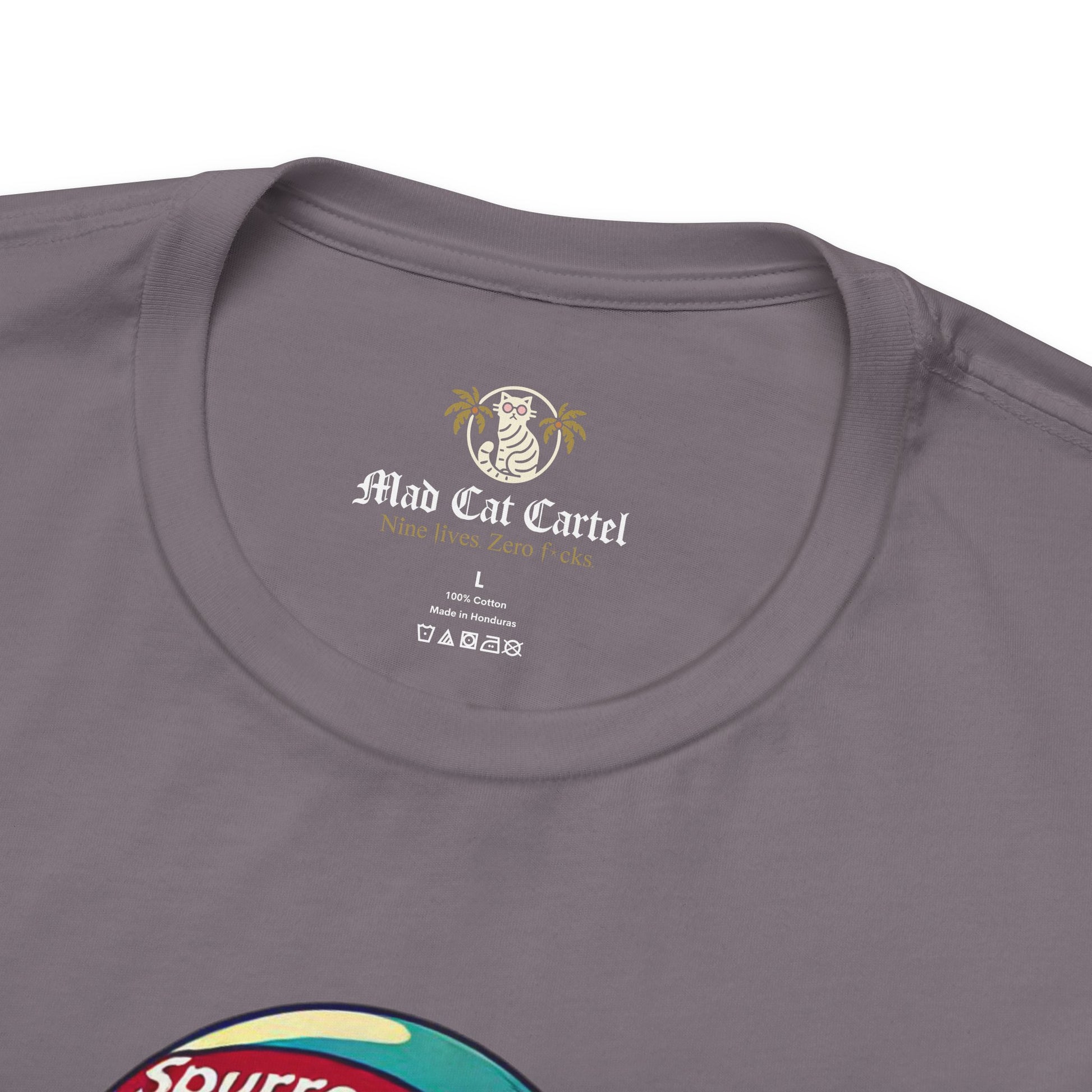 Gray t shirt close-up collar tag, cat lover t shirts