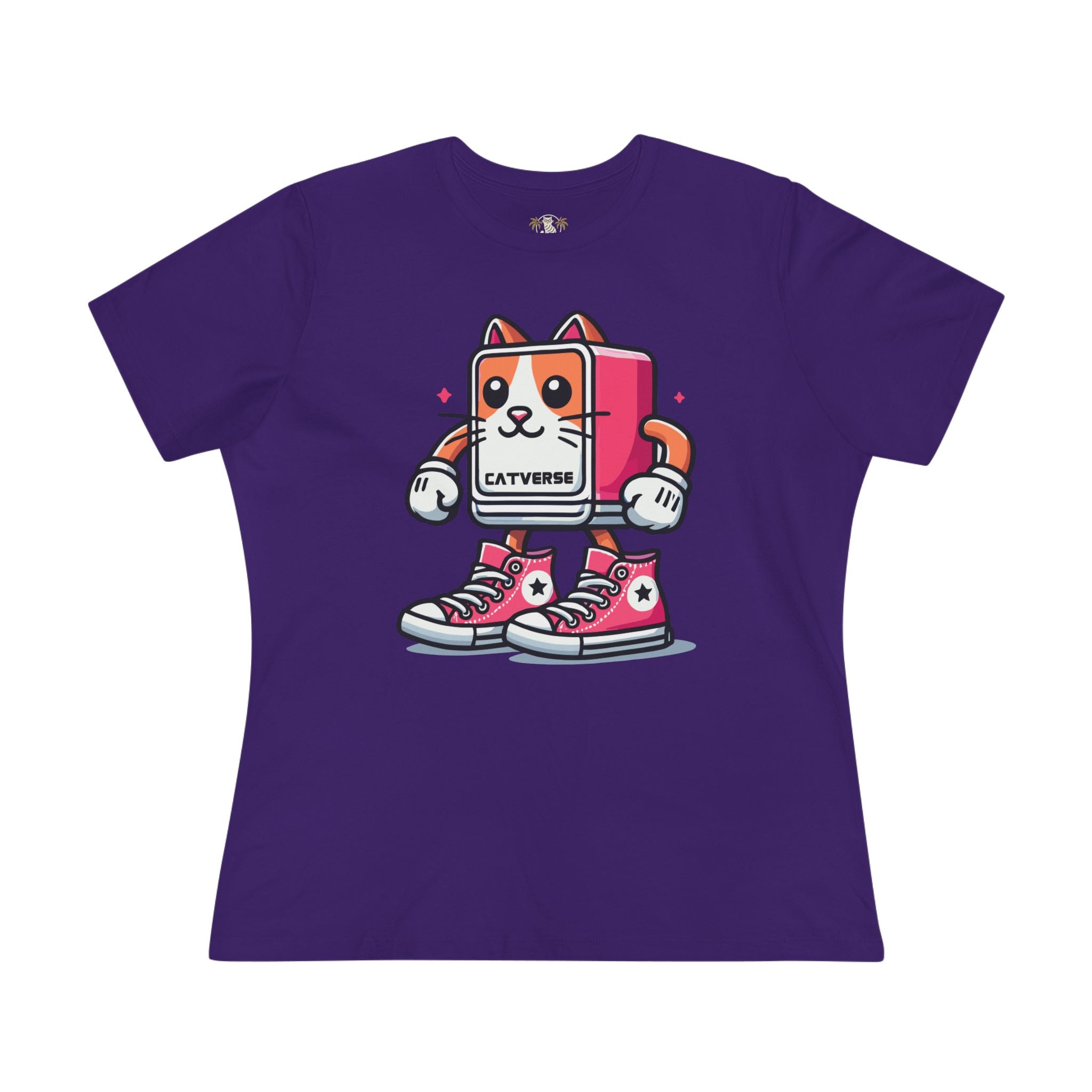 15. Catverse Pinkbot Cat Graphic Women’s T-Shirt in team purple flat lay front view, cat lover t shirts for women