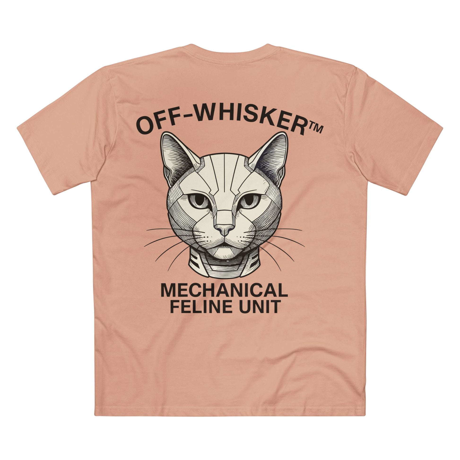 Back view of pale pink Off-Whisker Mecha Cat Unit shirt – mechanical feline graphic, men's cat shirt