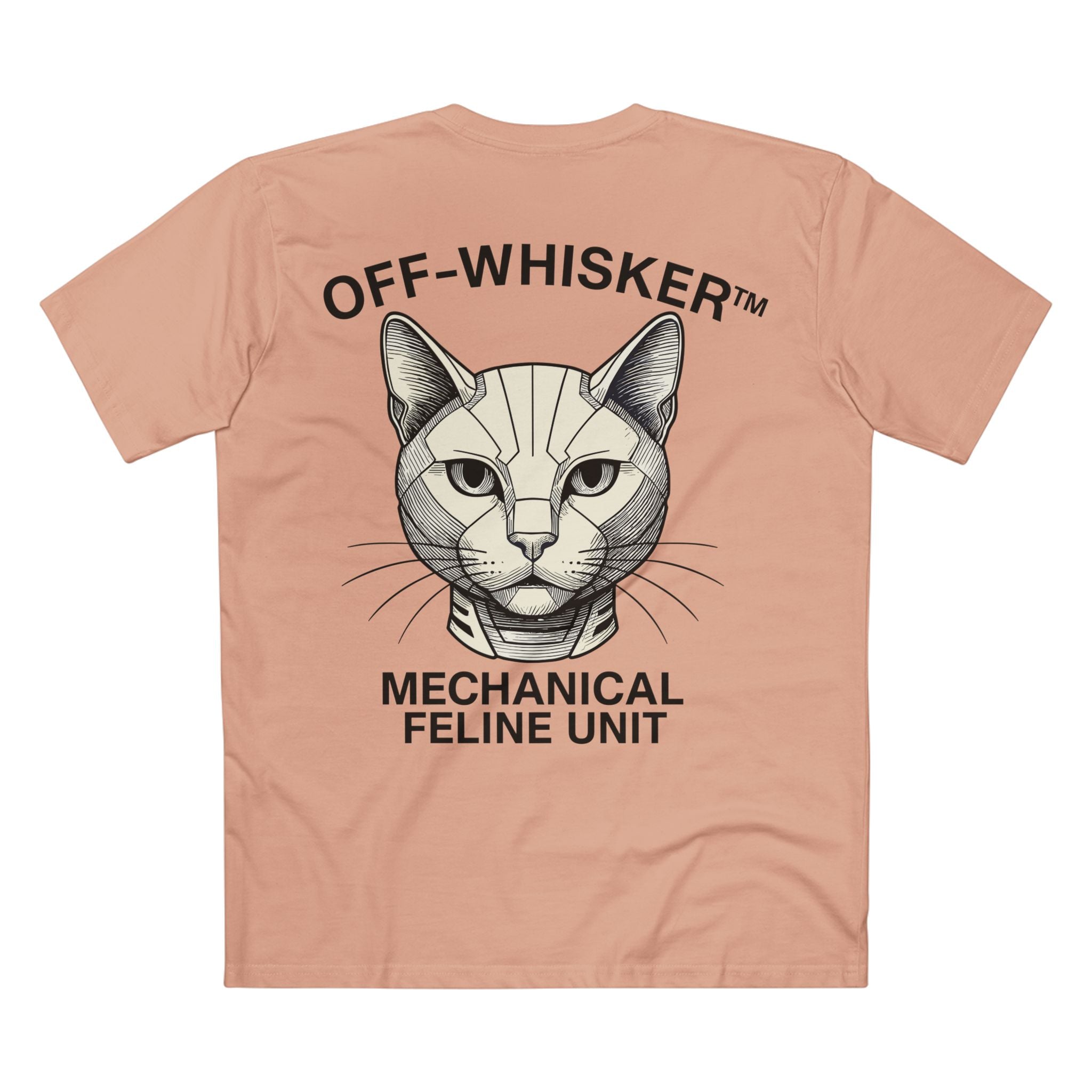 Back view of pale pink Off-Whisker Mecha Cat Unit shirt – mechanical feline graphic, men's cat shirt