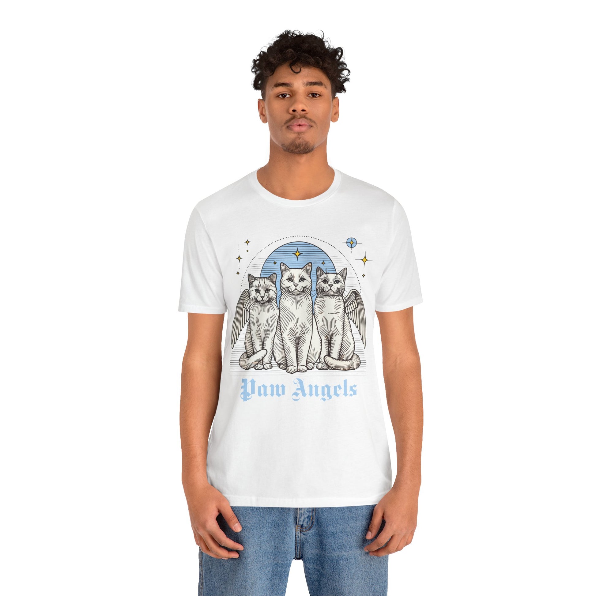 Man wearing White Paw Angels Holy Trinity t shirt – cat graphic tees, cat shirts men