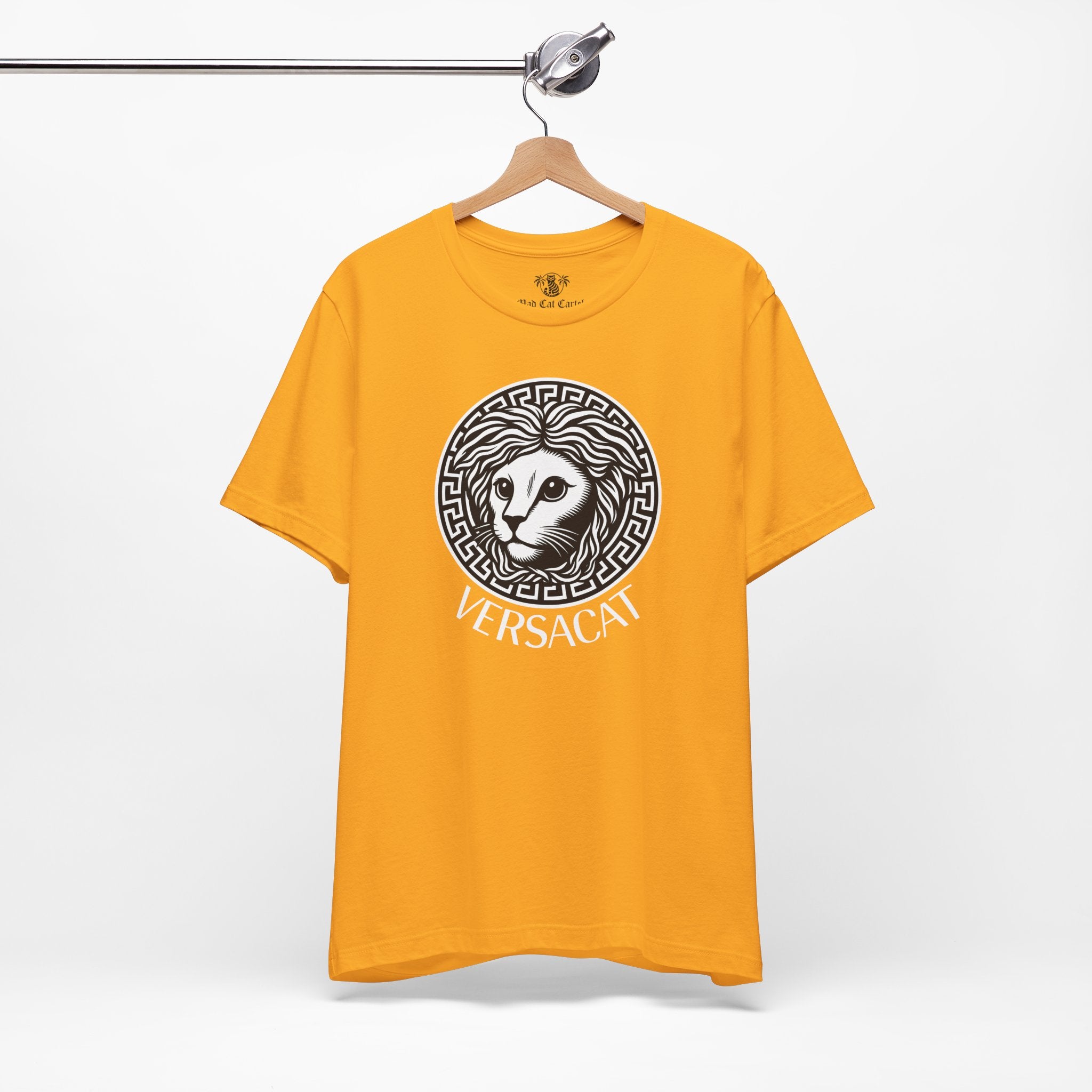 Gold Versacat Medusa cat emblem t-shirt on hanger