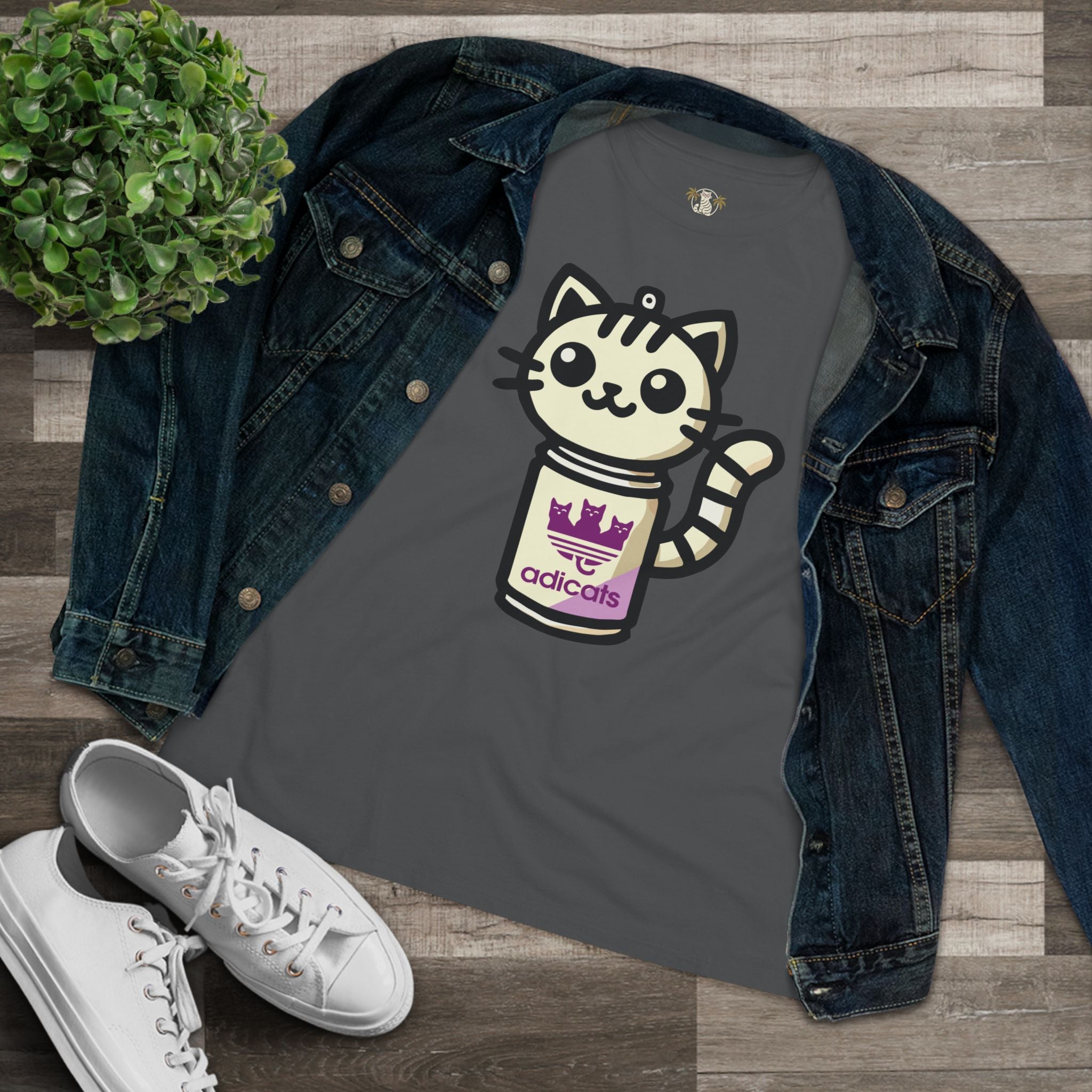 Asphalt Gray cat lover shirt lifestyle flat lay with denim jacket