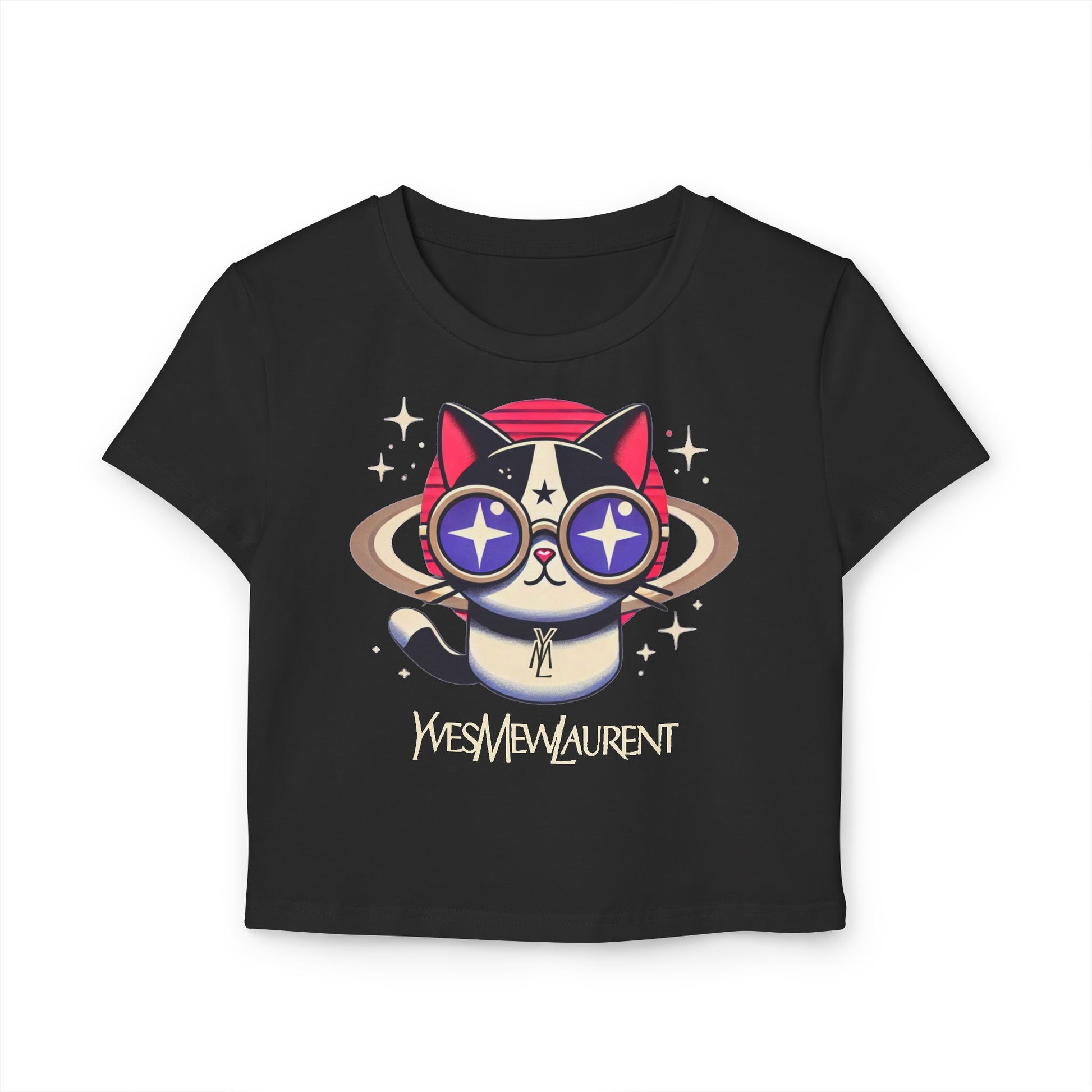 Yves Mew Laurent Space Cat Graphic Womens Black Baby Tee parody design