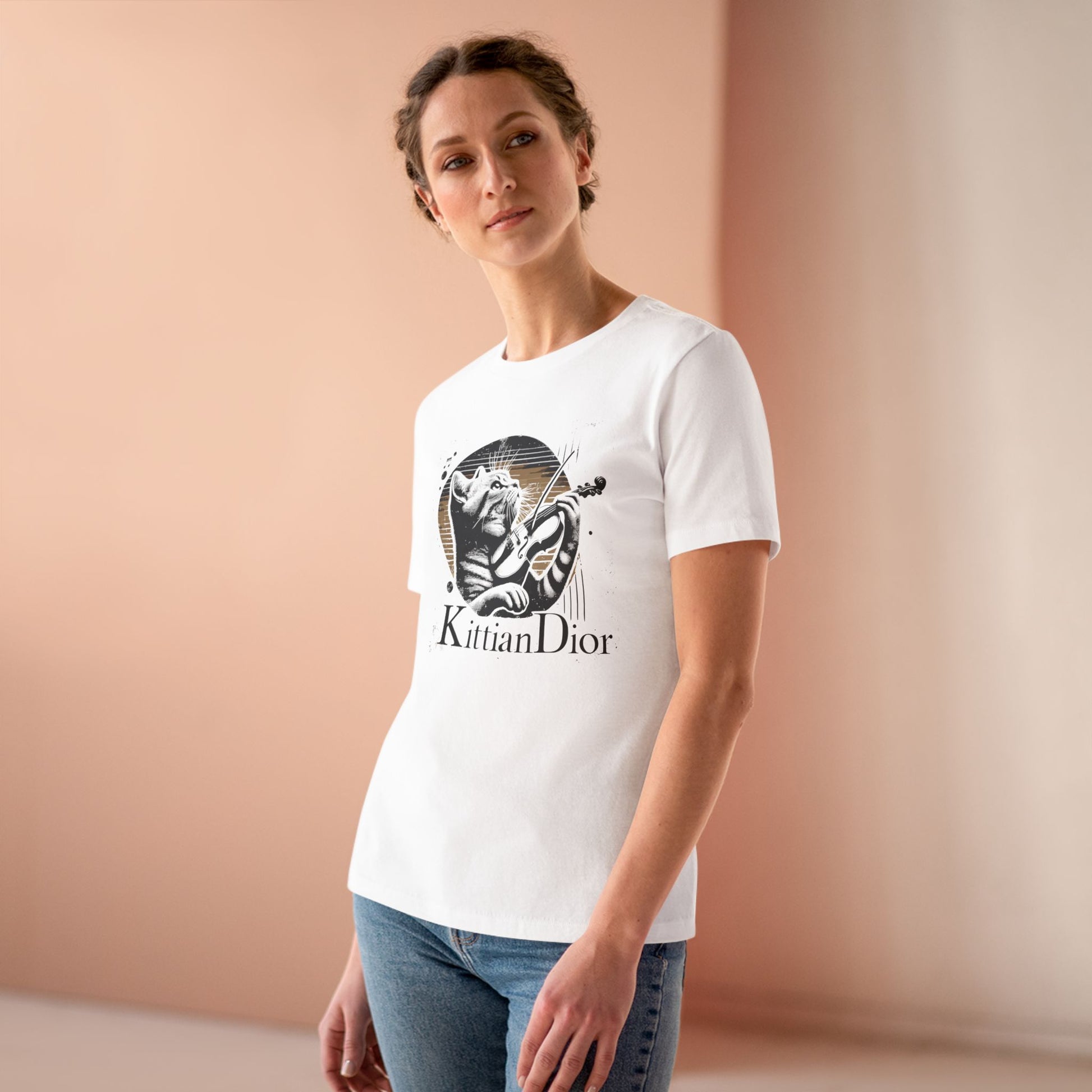 Female model wearing Kittian Dior Violin Cat white cat on a shirt
