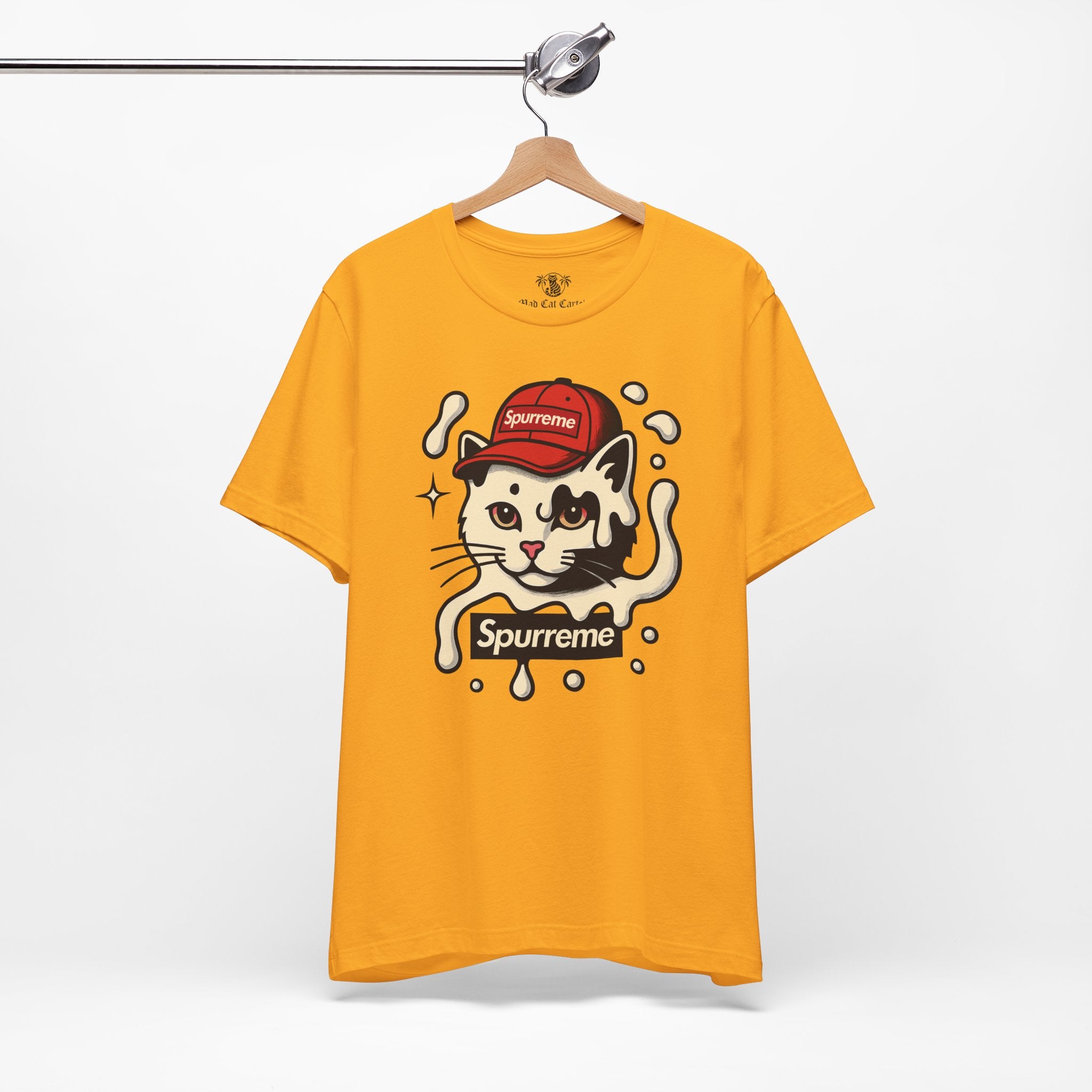 Gold cat print tee on hanger – cat lover shirt