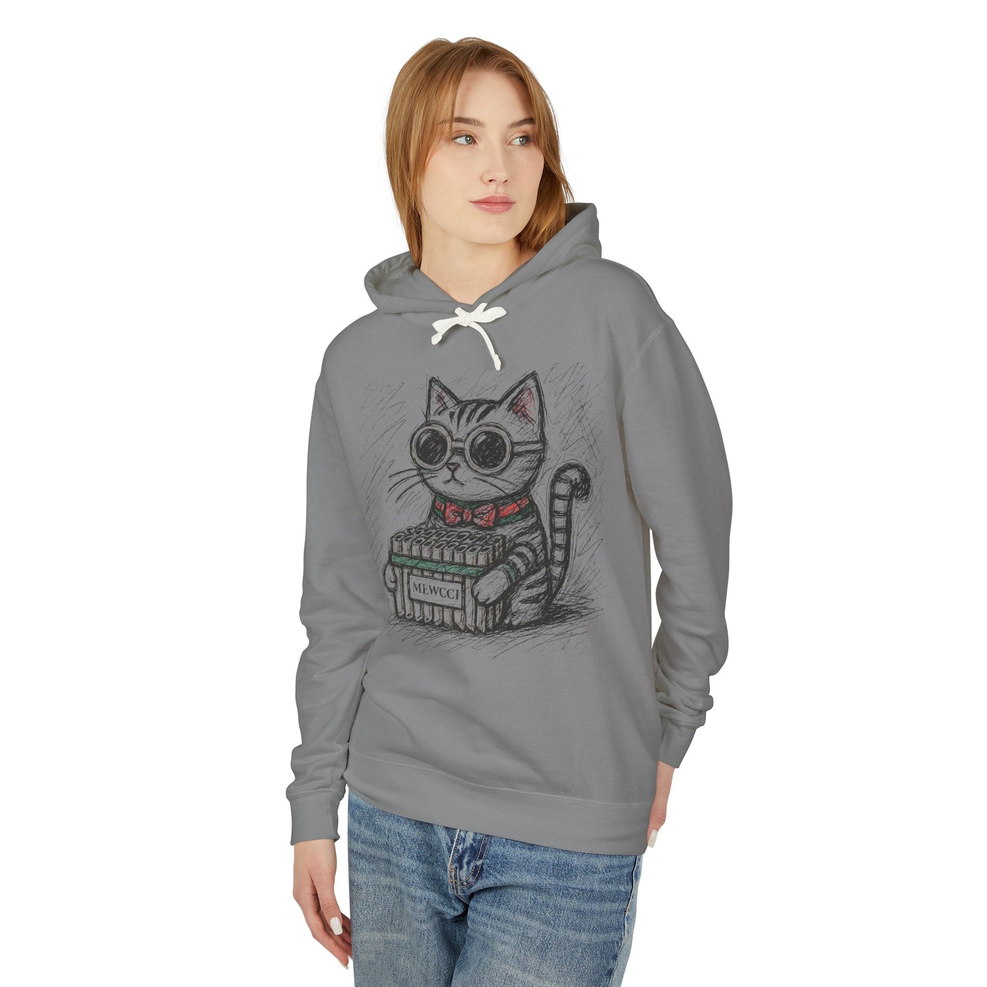 Woman modeling Mewcci gray hoodie with chest graphic, women's cat hoodie