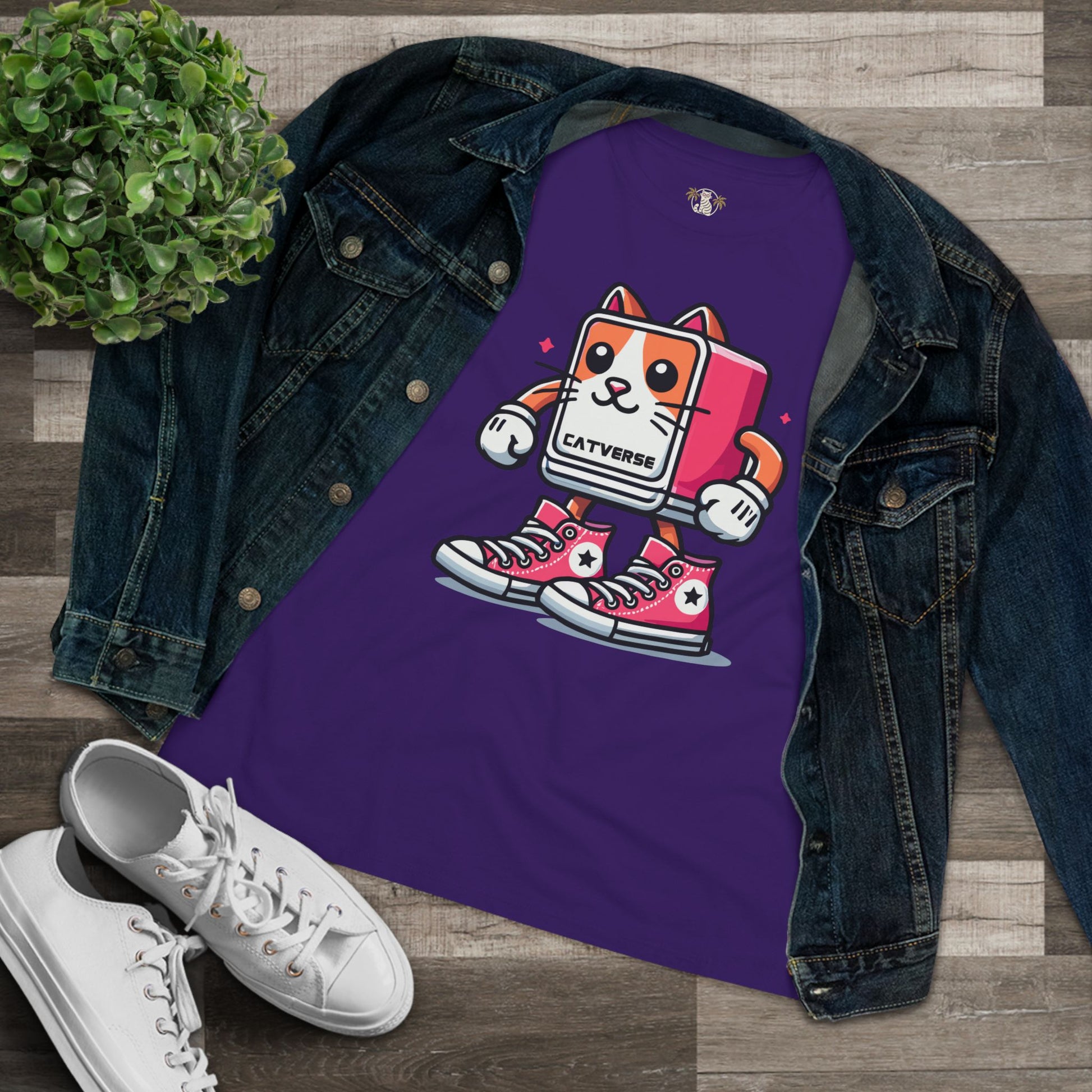 Team purple Catverse Pinkbot tee styled flat lay with denim jacket, cat t shirt women's