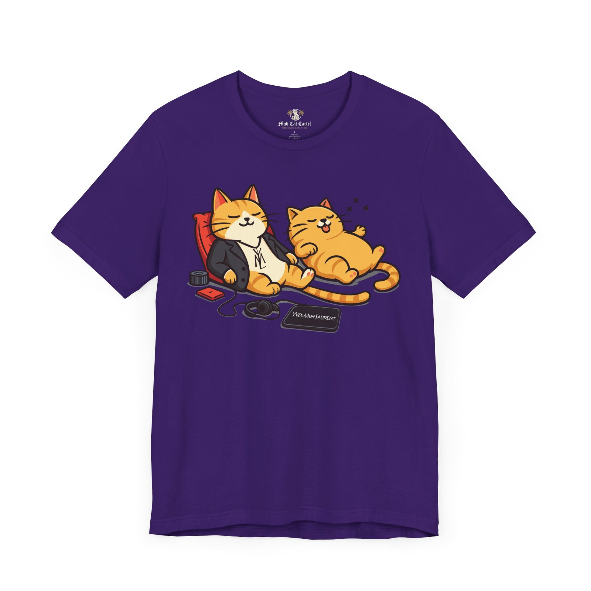 Yves Mew Laurent Chill Cats Cartoon Graphic T Shirt, team purple graphic tee