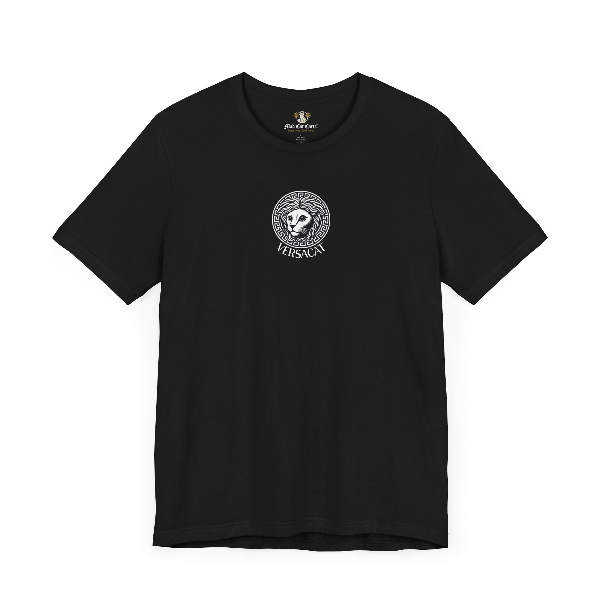 Black Versacat Imperial Emblem graphic cat lover t shirt – gift ideas for cat owners and stylish cool cat shirt