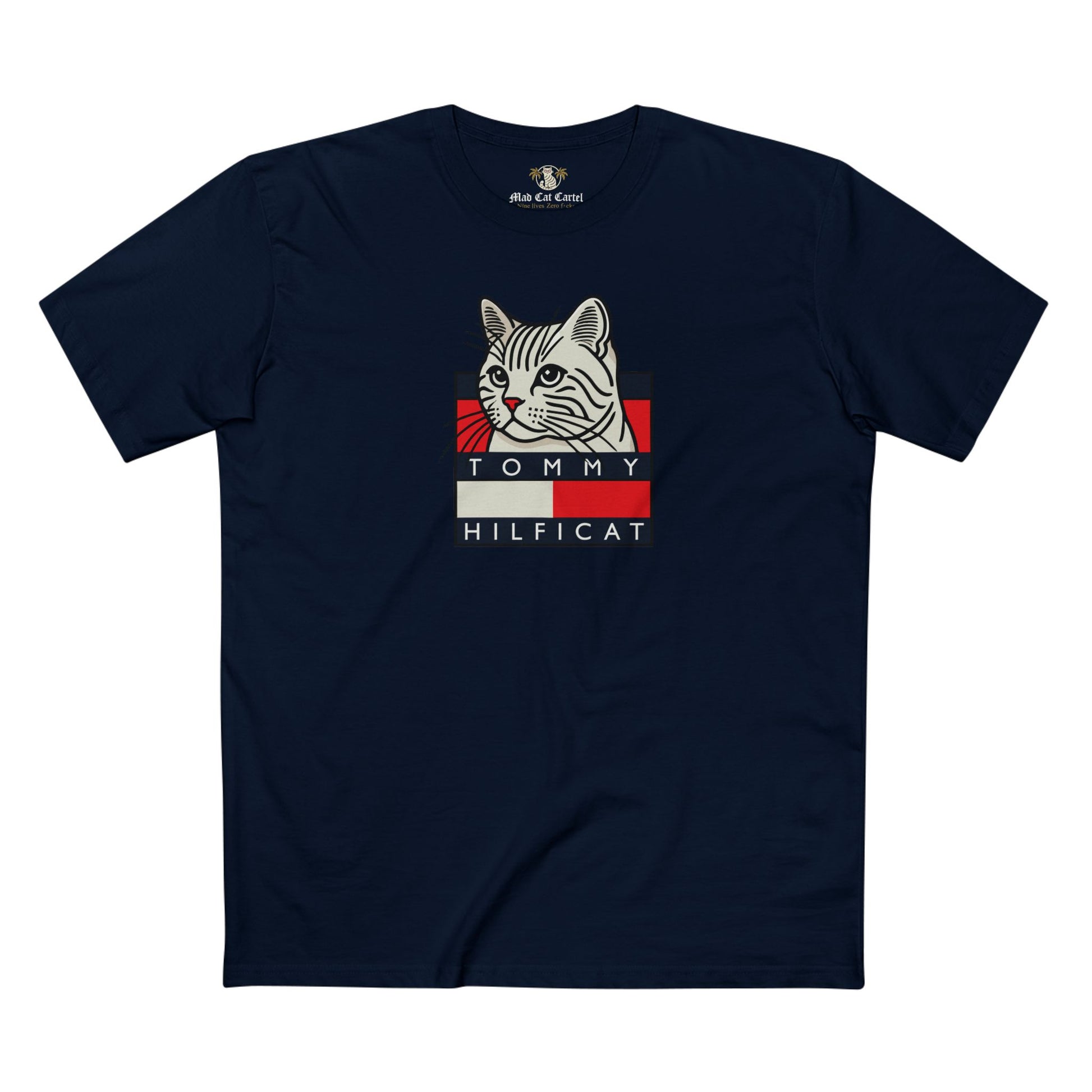 Tommy Hilficat Box Logo Cat Identity T Shirt in Navy Blue, cat themed clothing