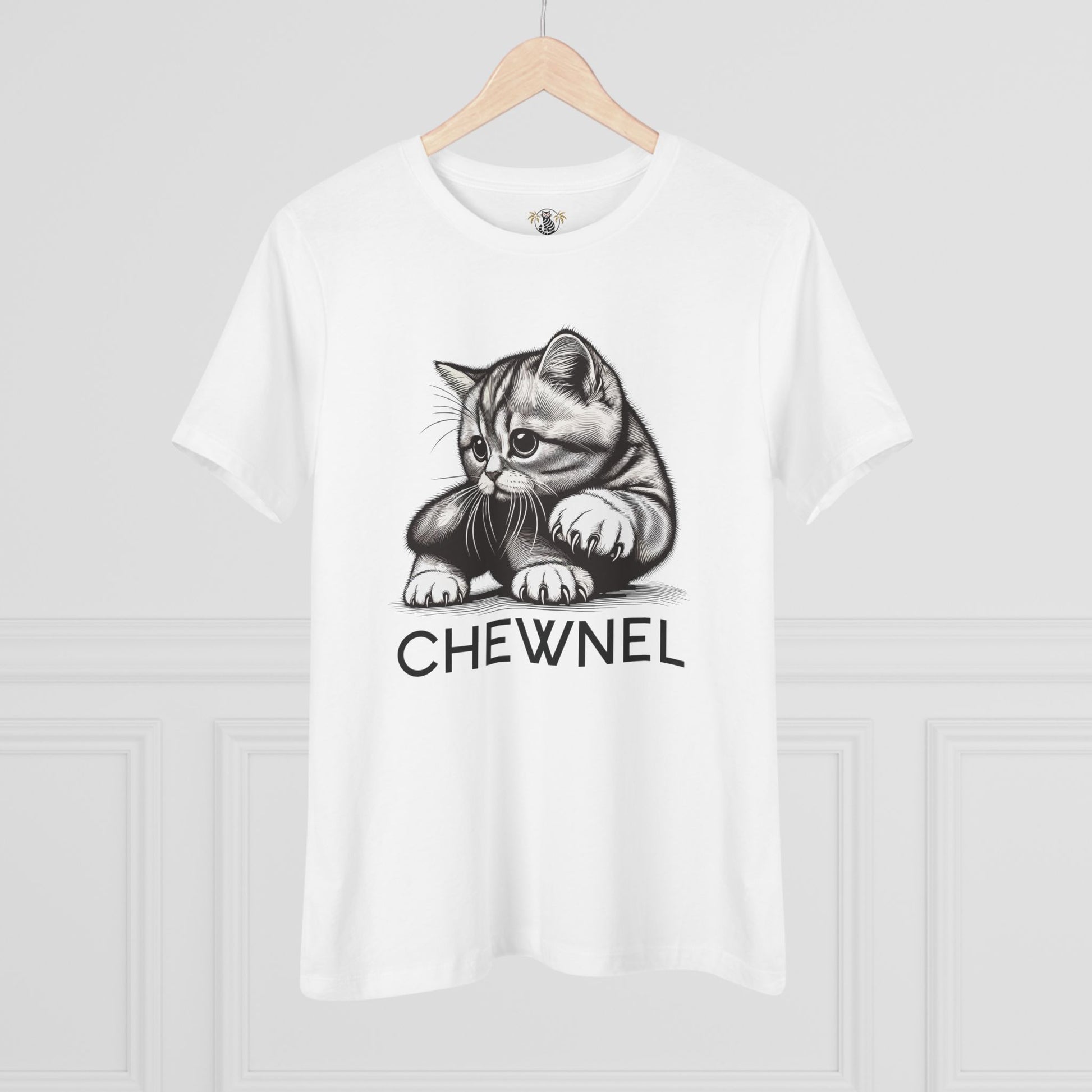 White Chewnel Haute Cat-ture women’s cat shirt hanging view cat graphic t shirt