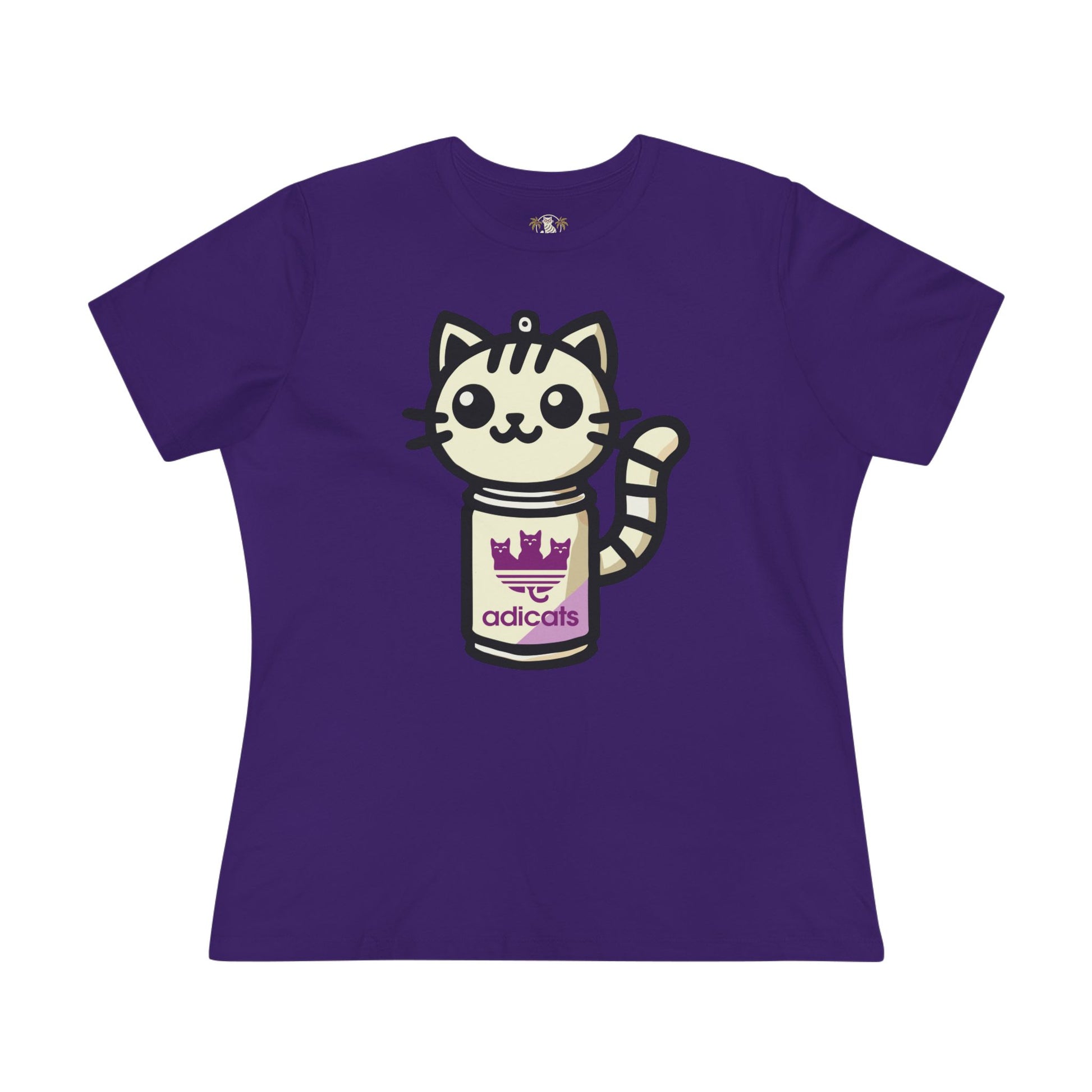 Team Purple Adicats Spray Kitty Women’s Graphic Funny T Shirt ladies flat lay front