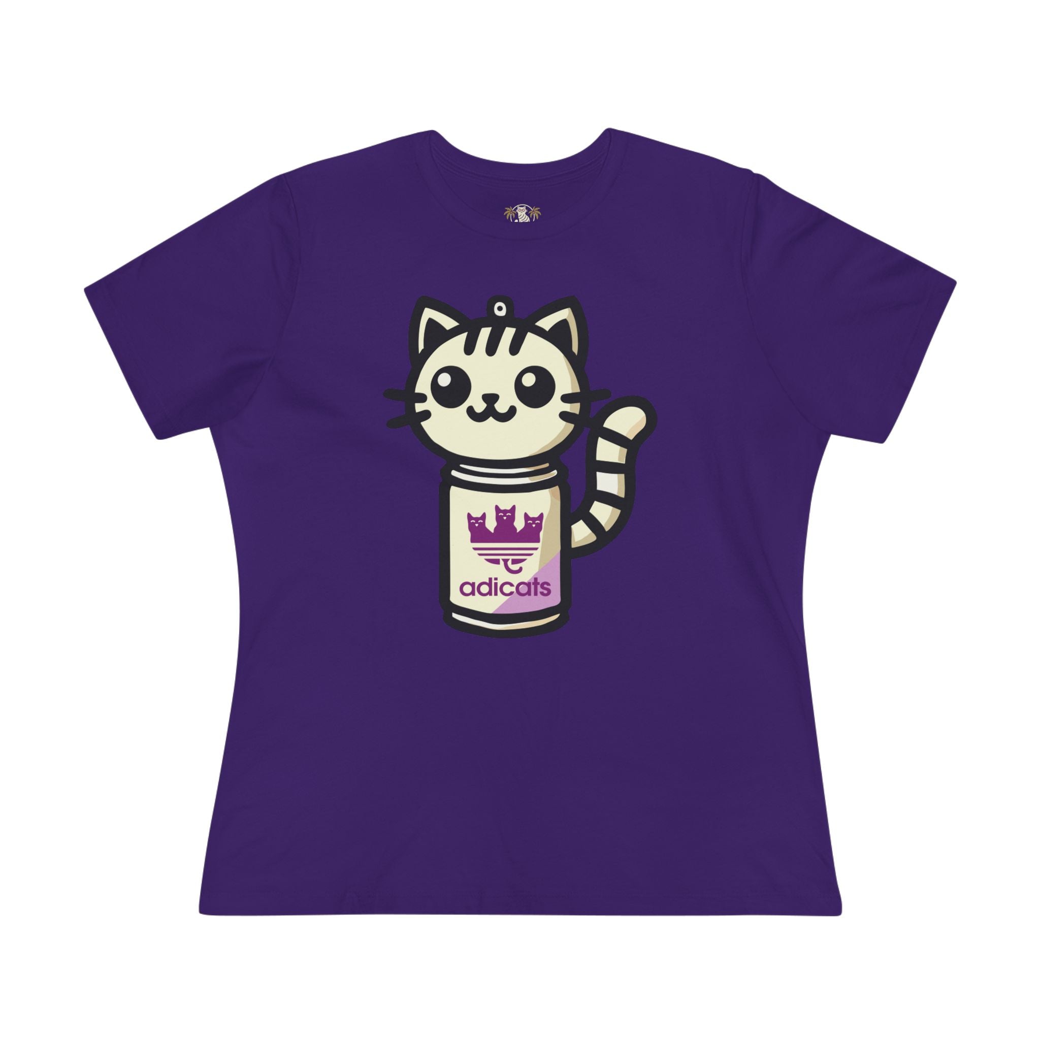 Team Purple Adicats Spray Kitty Women’s Graphic Funny T Shirt ladies flat lay front