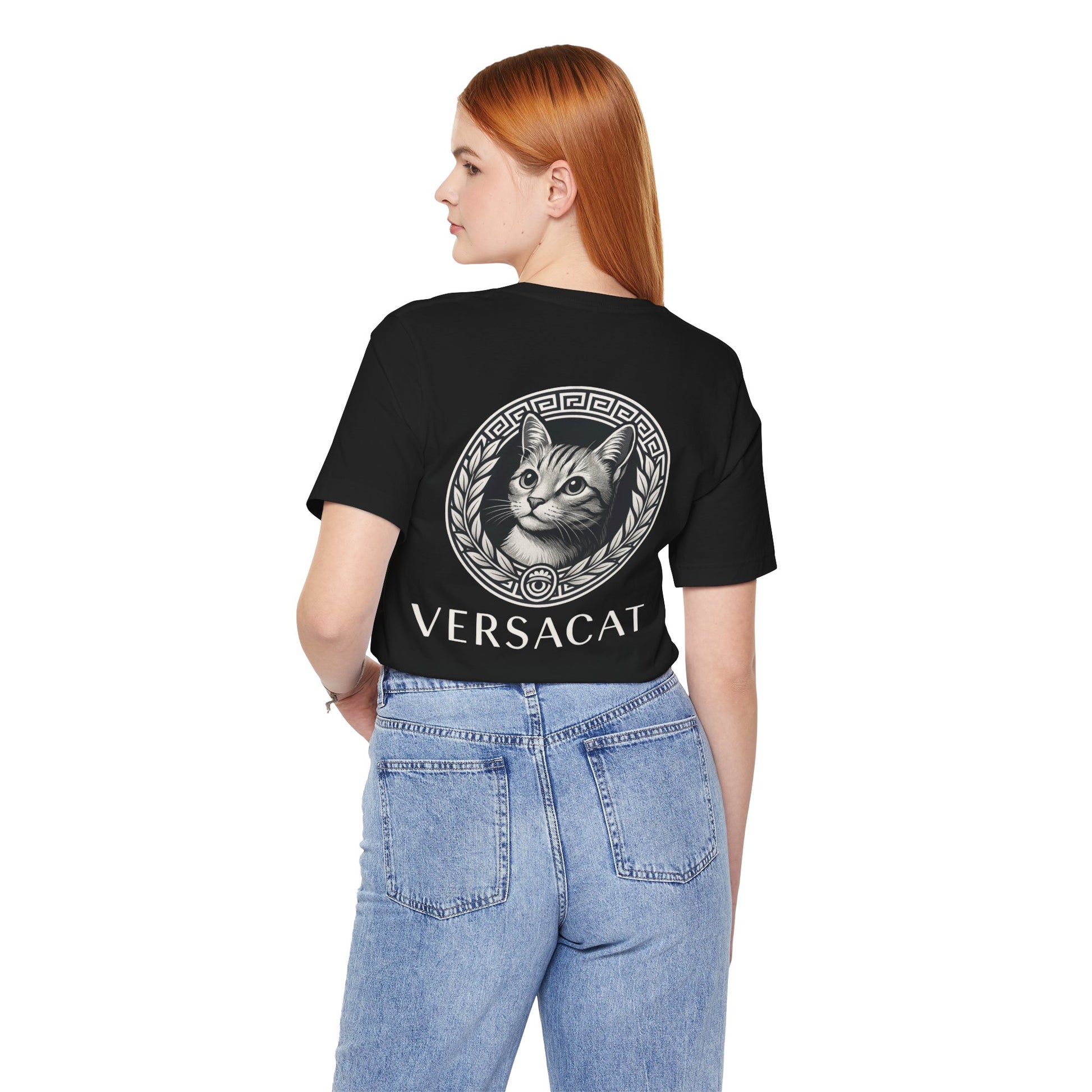 Woman wearing black Versacat Imperial Emblem graphic cat lover shirt – gift ideas for cat owners