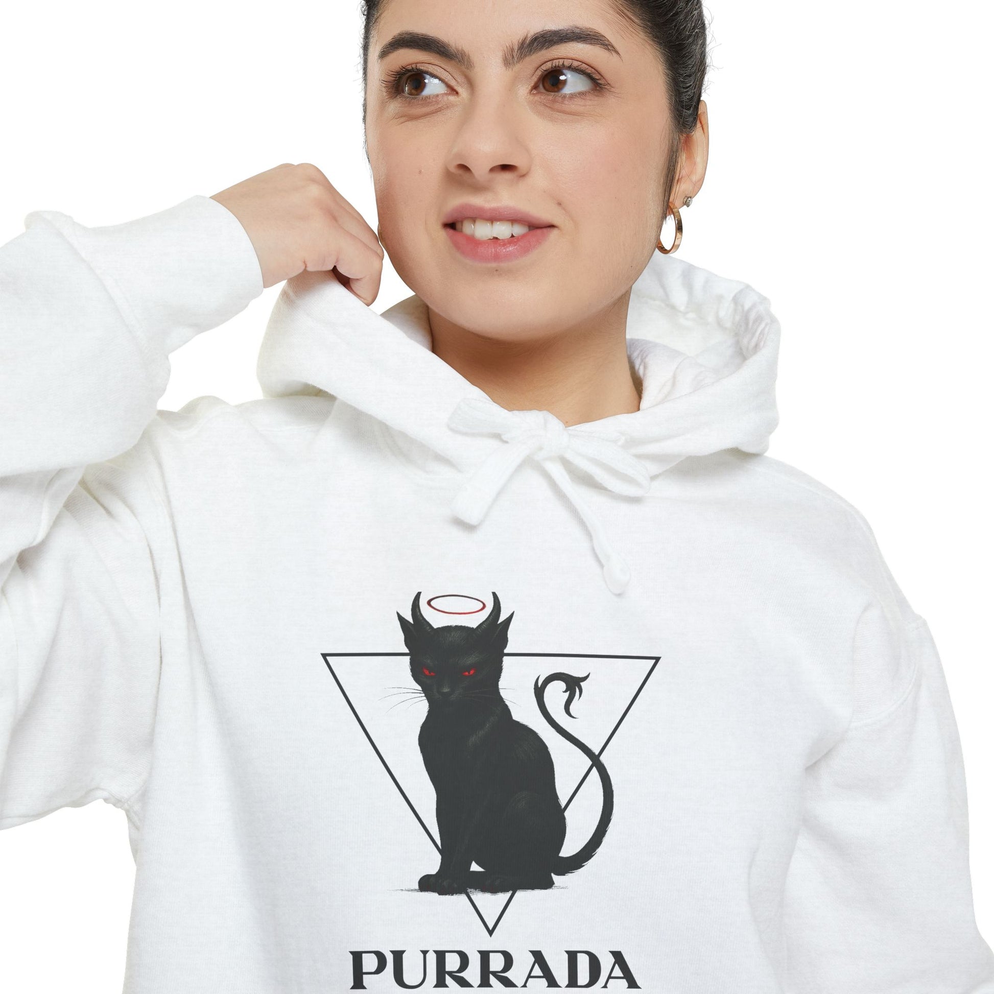 Woman close-up in Purrada White Cat Hoodie, gifts for cat lovers