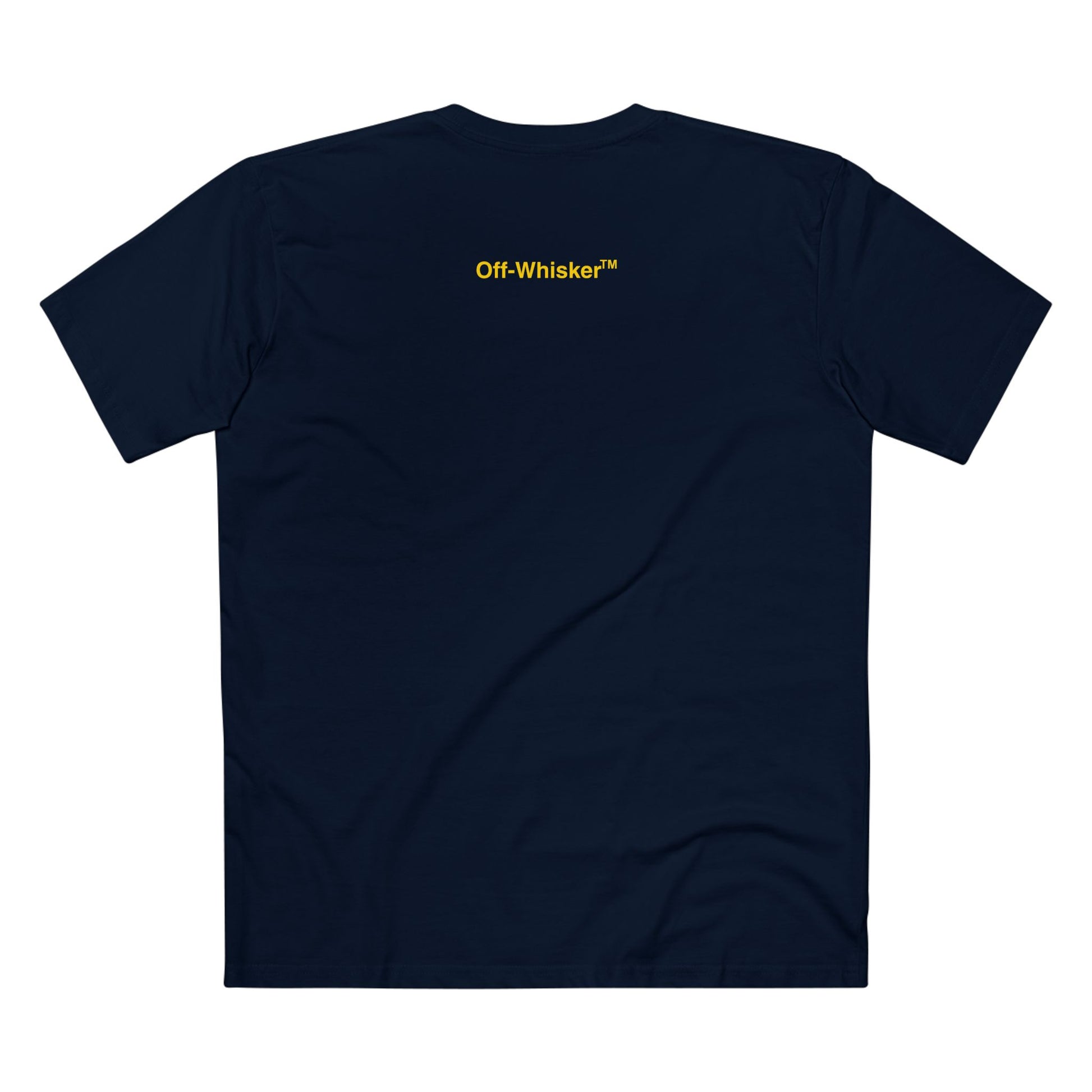 Off-Whisker Industrial Drip Cat Graphic T-Shirt in Navy – Funny cat shirts for men and women, unisex cat lover tee with yellow and black stripe design, perfect cat lovers gift